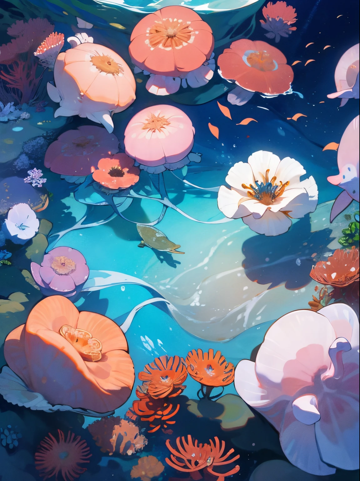 ((Top image quality、masterpiece))、in 8K、with no people、Looking up from the ground、Dim underwater、foam、starfish、sea anemones、seashells