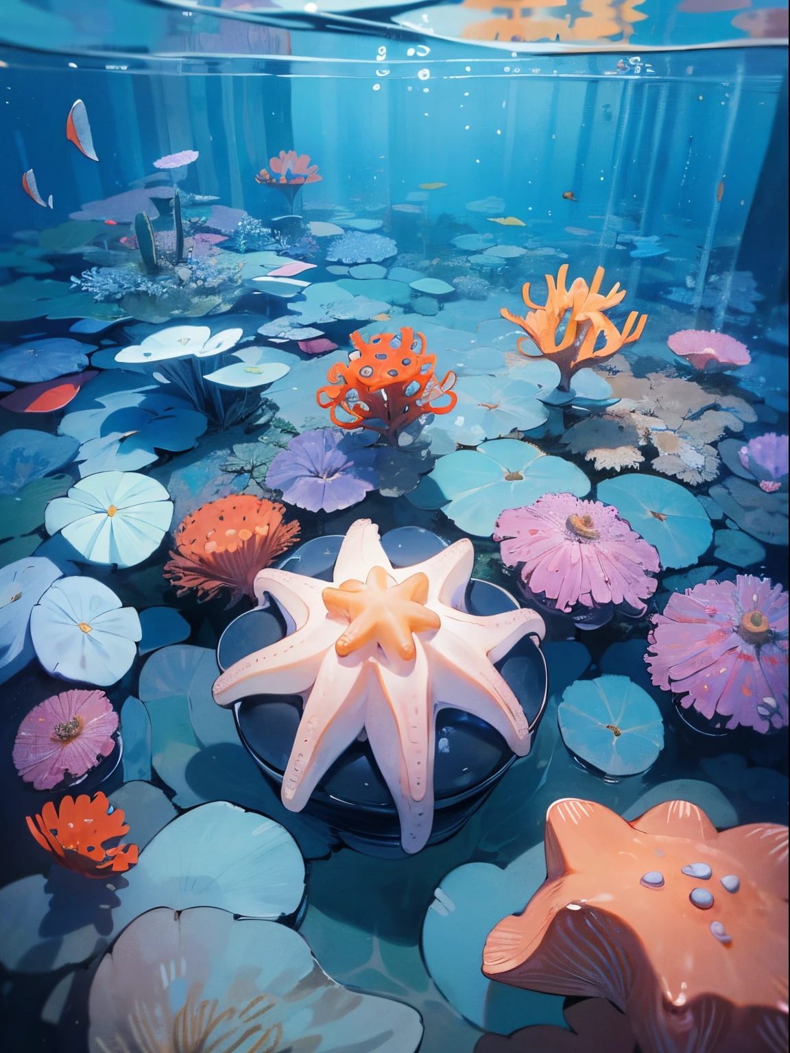 ((Top image quality、masterpiece))、in 8K、with no people、Looking up from the ground、Dim underwater、foam、starfish、sea anemones、seashells