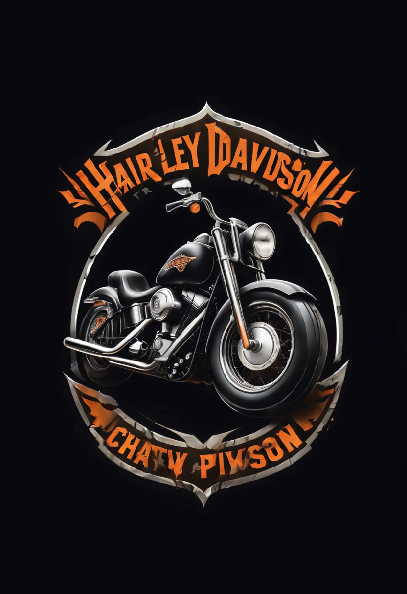 Harley Davidson logo design,t shirt design,beefy style,design only,white background,no model,professional,high contrast,high-res,ultra-detailed,vivid colors,metallic accents,sharp focus,edgy,dynamic composition,gritty texture,rough brush strokes,mechanical elements,chrome effect,classic typography,retro style,distressed look,aggressive lines and curves,3D rendering,striking visual impact,dark shadows,strong branding presence,monochromatic palette,industrial aesthetic