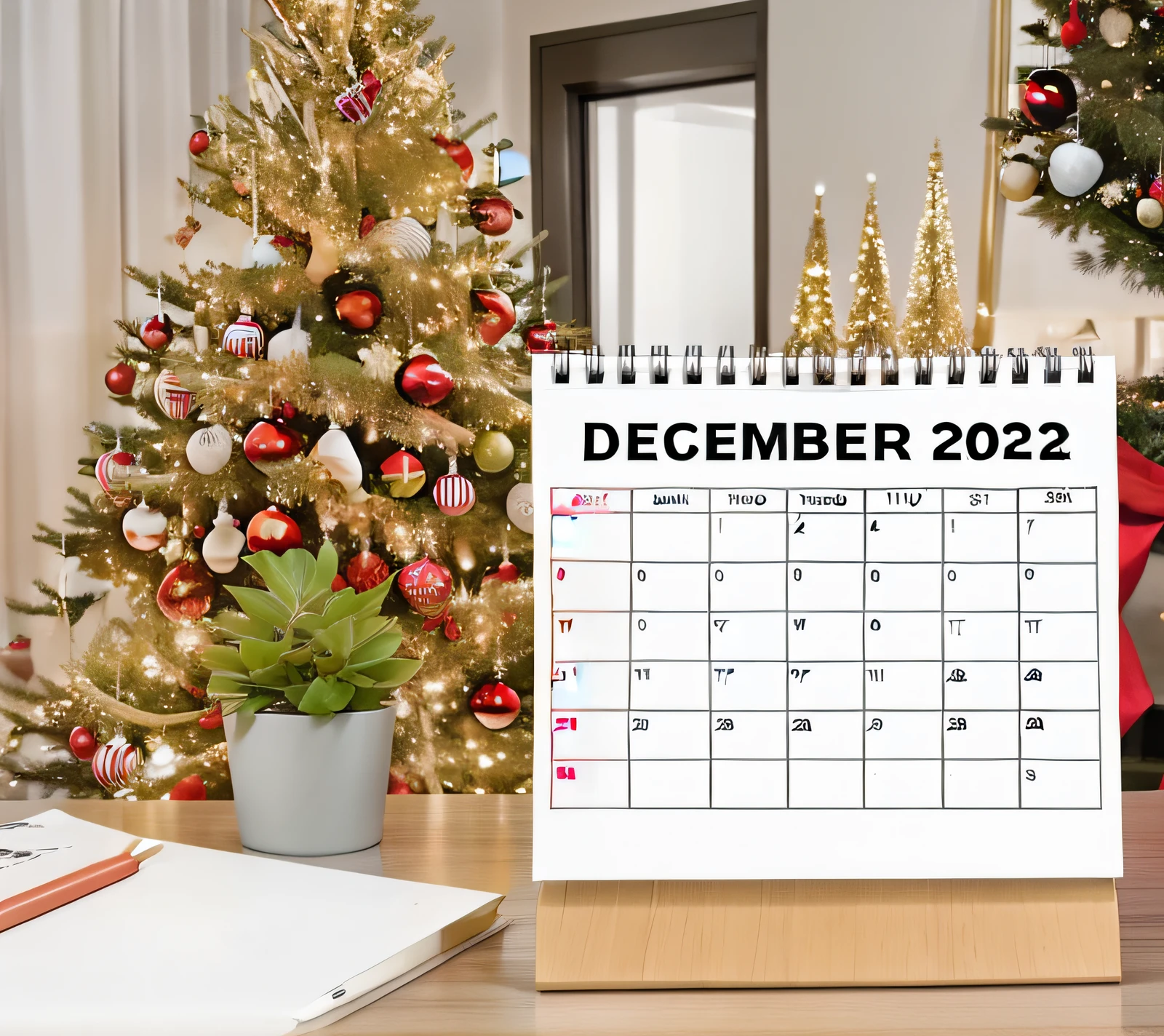 a close up of a calendar on a desk with a christmas tree in the background, photo from 2022, year 2 0 2 2, 2 0 2 2 photo, 2023, 2 0 2 3, 2022 photograph, monthly, promo image, detailed image, airing in 2 0 2 3, ad image, catalog photo, 8k, sharp, hd, masterpiece, sony camera