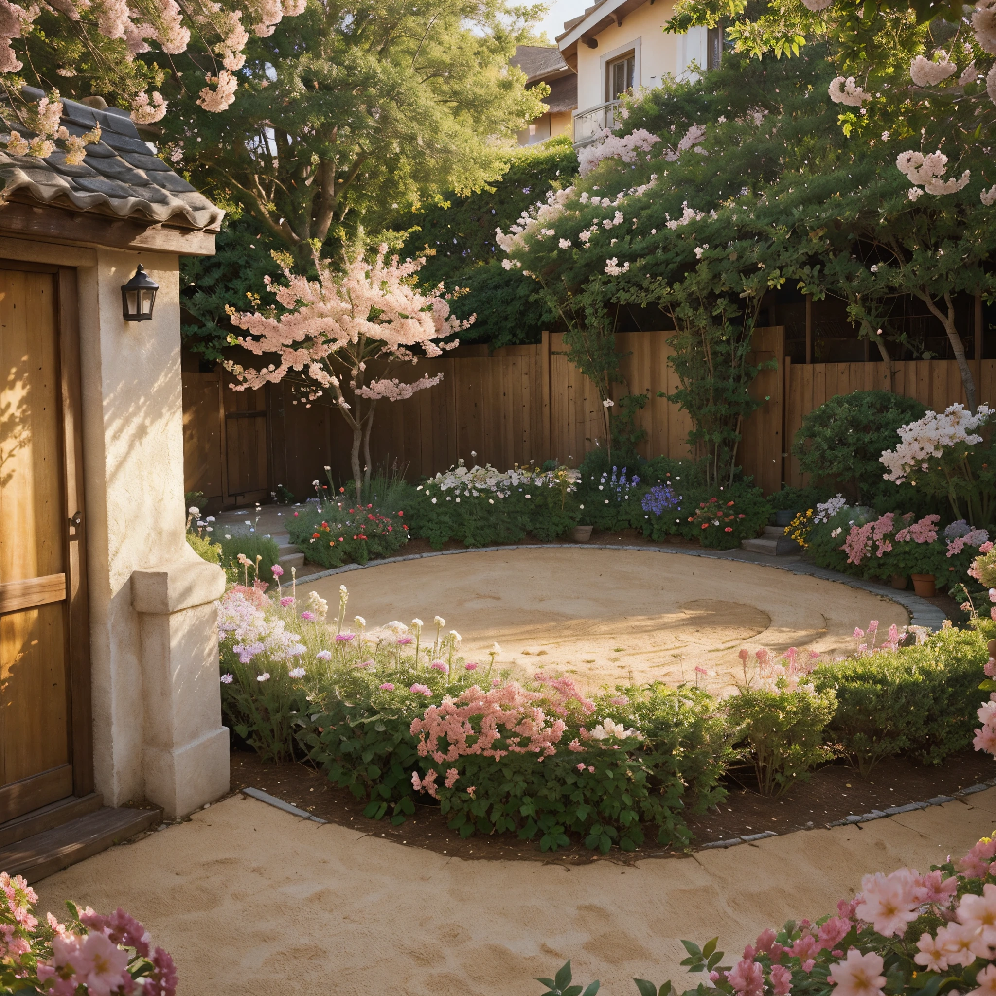 A serene sunrise casts its warm glow upon a garden abundant with a riot of colorful blossoms. The air is filled with the sweet scent of flowers, as delicate petals unfold eagerly to greet the day. This stunning photograph captures the vibrancy and tranquility of the scene, showcasing the intricate details of each bloom with breathtaking clarity and depth. The image's flawless composition and vibrant colors transport viewers into a world of natural beauty, evoking a sense of wonder and serenity in their hearts.