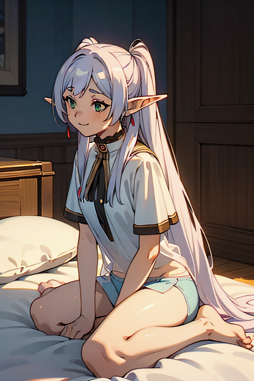 masutepiece, High quality, 4K, WZ&#39;s&#39;S_Schmidt_No_freeze_Style, 1girl in, Very long hair, Silver hair, Twin-tailed, pointy ear, elf, Green eyes, Athletic, Small breasts, pointy ear, babydoll, see through, Underwear, Underwear only, Smile, Assertive girl, Indoors, Sitting, on white bed