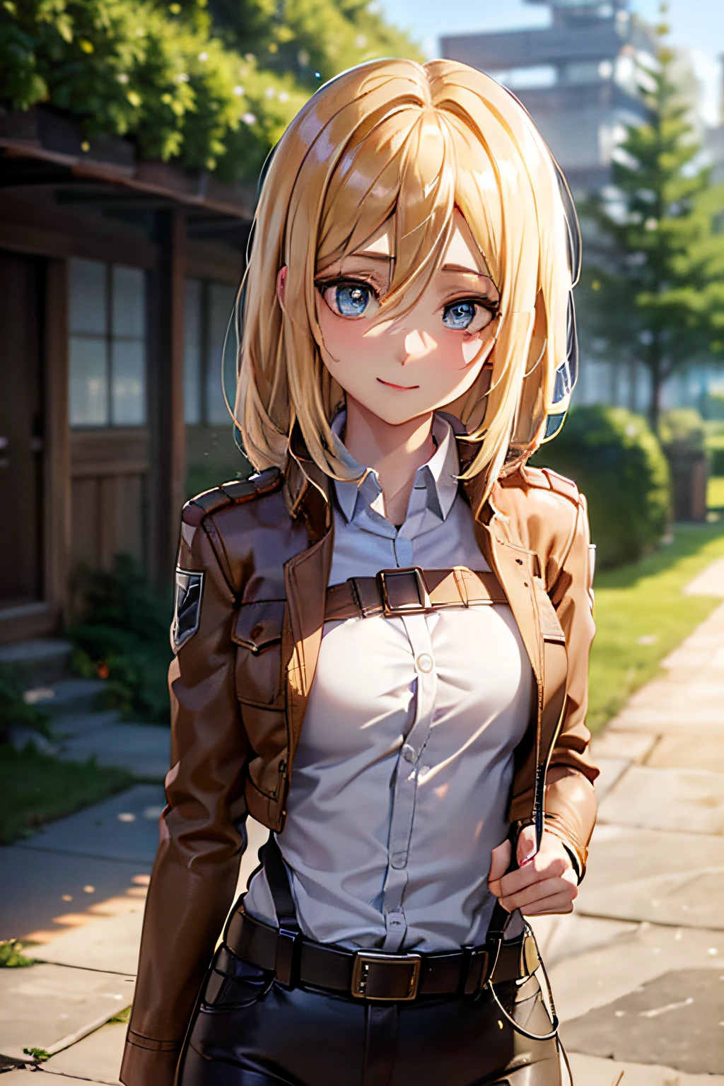 ((Upper body portrait)), (masutepiece), Best Quality, Expressive eyes, Perfect face, hight resolution, (8K), (Perfect face), (Ultra Details), History of Picchi, 1girl in, Solo, Looking at Viewer, Blonde hair, hair between eye, Short hair, Long hair, Blue eyes, Jacket, paradis military uniform, Pants, Shirt, Brown jacket, Belt bag, White pants, Long sleeves, emblem, Open jacket, Collared shirt, Open your clothes, Thigh strap, long boots, White shirt, Standing, field, tussock, Trees, Smile