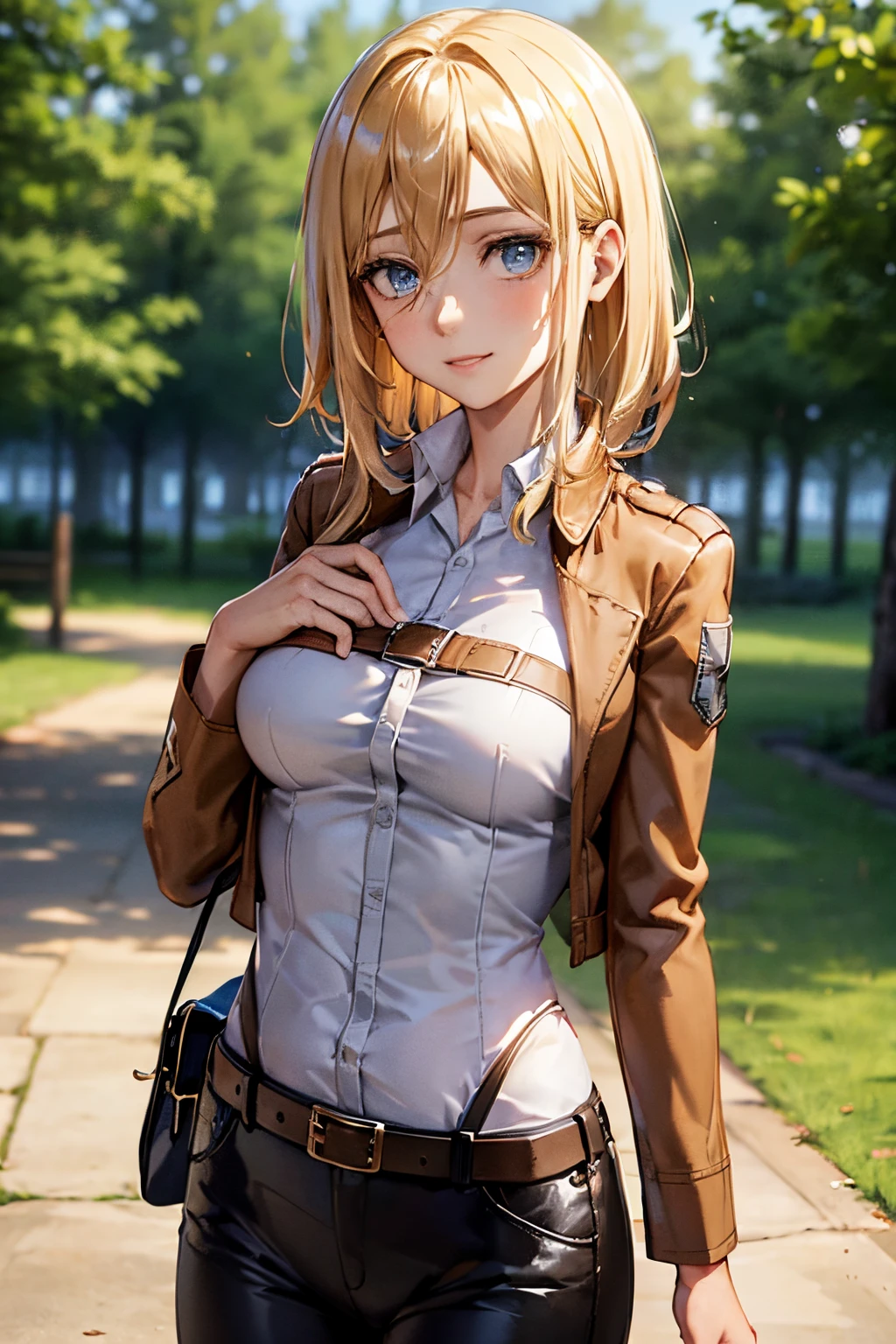 ((Upper body portrait)), (masutepiece), Best Quality, Expressive eyes, Perfect face, hight resolution, (8K), (Perfect face), (Ultra Details), Picchi Historia, 1girl in, Solo, Looking at Viewer, Blonde hair, hair between eye, Short hair, Long hair, Blue eyes, Jacket, paradis military uniform, Pants, Shirt, Brown jacket, Belt bag, White pants, Long sleeves, emblem, Open jacket, Collared shirt, Open your clothes, Thigh strap, long boots, White shirt, Standing, field, tussock, Trees, Smile