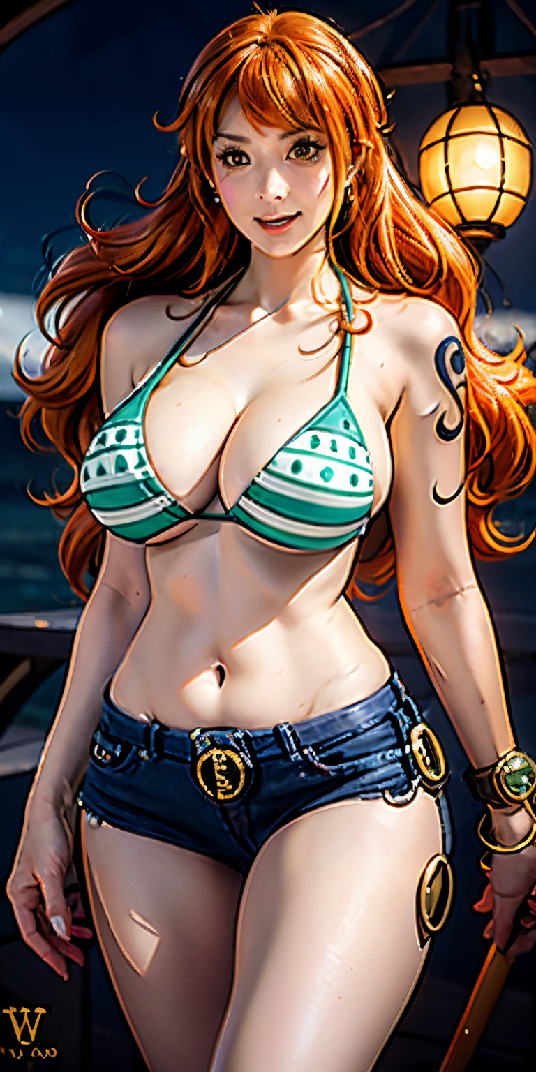 1 Girl Nami One Piece,17 age、poneyTail、Beautie、large boob,Orange hair,Yellow eyes,hight resolution,A hyper-realistic, Ultra Detail