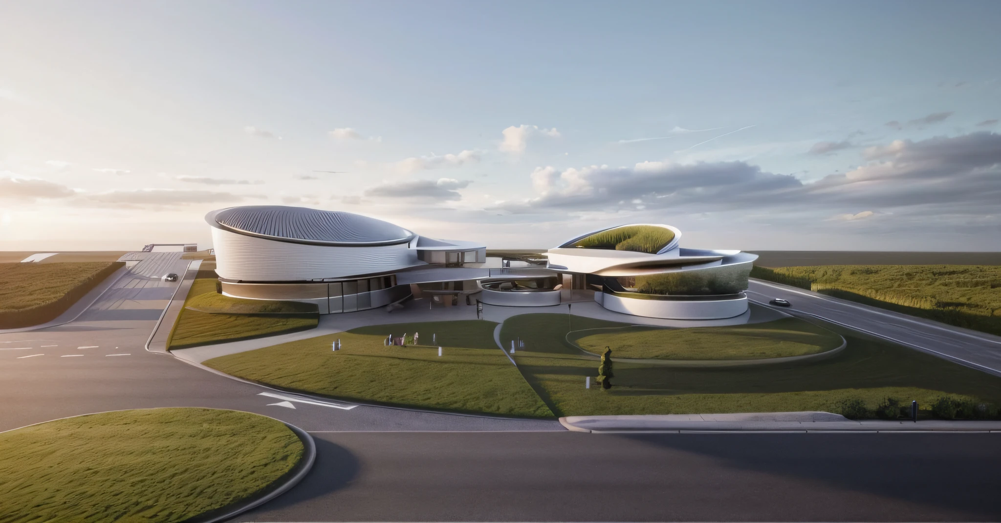a rendering of a building with a lot of grass and a street, conceptual rendering, architecture render, architectural render, detail render, 3 / 4 view, 3/4 view, artists impression, architectural concept, concept image, concept drawing, highly rendered!!, rounded architecture, front perspective, concept render, digital rendering, curvilinear architecture, artist's impression