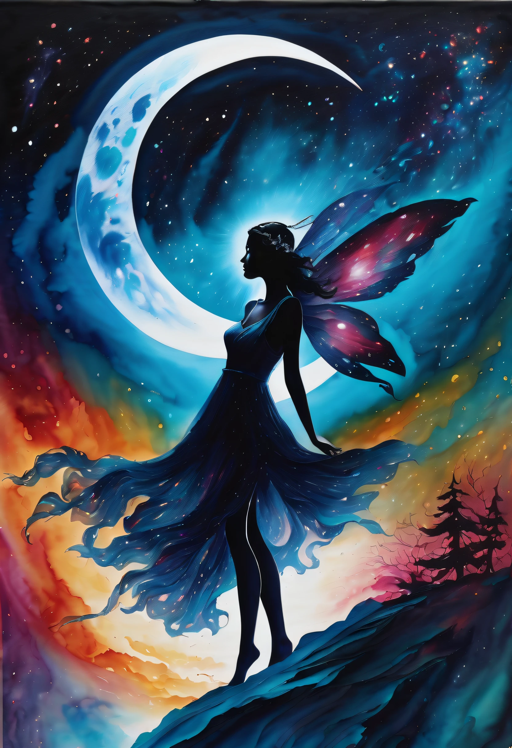 Stunning composition featuring a fairy woman, Elegantly juxtaposed against the backdrop of the cosmic sky, The fantastic glow of the moon and the vivid colors of the earth, Image with multiple exposure effect, painterly、a picture、Media mix in illustration, Amazing sharpness and unparalleled clarity, Captivating and breathtaking details that look almost unrealistic, Breathtaking details make it extremely attractive, Brush stroke techniques with exquisite details that are very unrealistic, Stunning brush stroke techniques with exquisite unrealistic details, Gel ink craft dark cyan full color, crazy beautiful shine, Add impressive high contrast scenes, Overall amazingly beautiful, Amazingly accurate and elaborate throughout, Overall represents a stunning beautiful visually feminine enchanting watercolor masterpiece, Crazy shine further enhances the otherworldly atmosphere,
