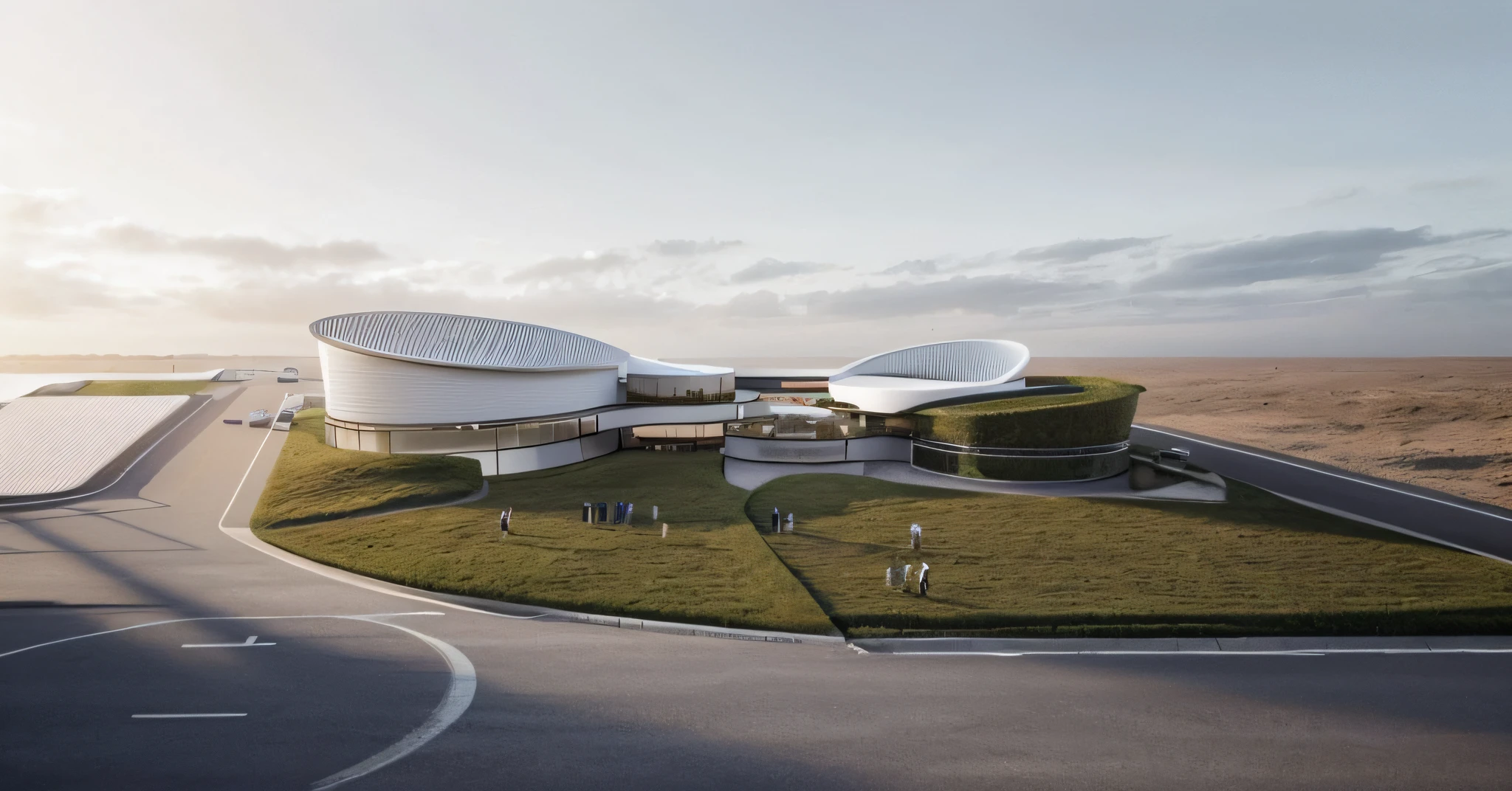 a rendering of a building with a lot of grass and a street, conceptual rendering, architecture render, architectural render, detail render, 3 / 4 view, 3/4 view, artists impression, architectural concept, concept image, concept drawing, highly rendered!!, rounded architecture, front perspective, concept render, digital rendering, curvilinear architecture, artist's impression