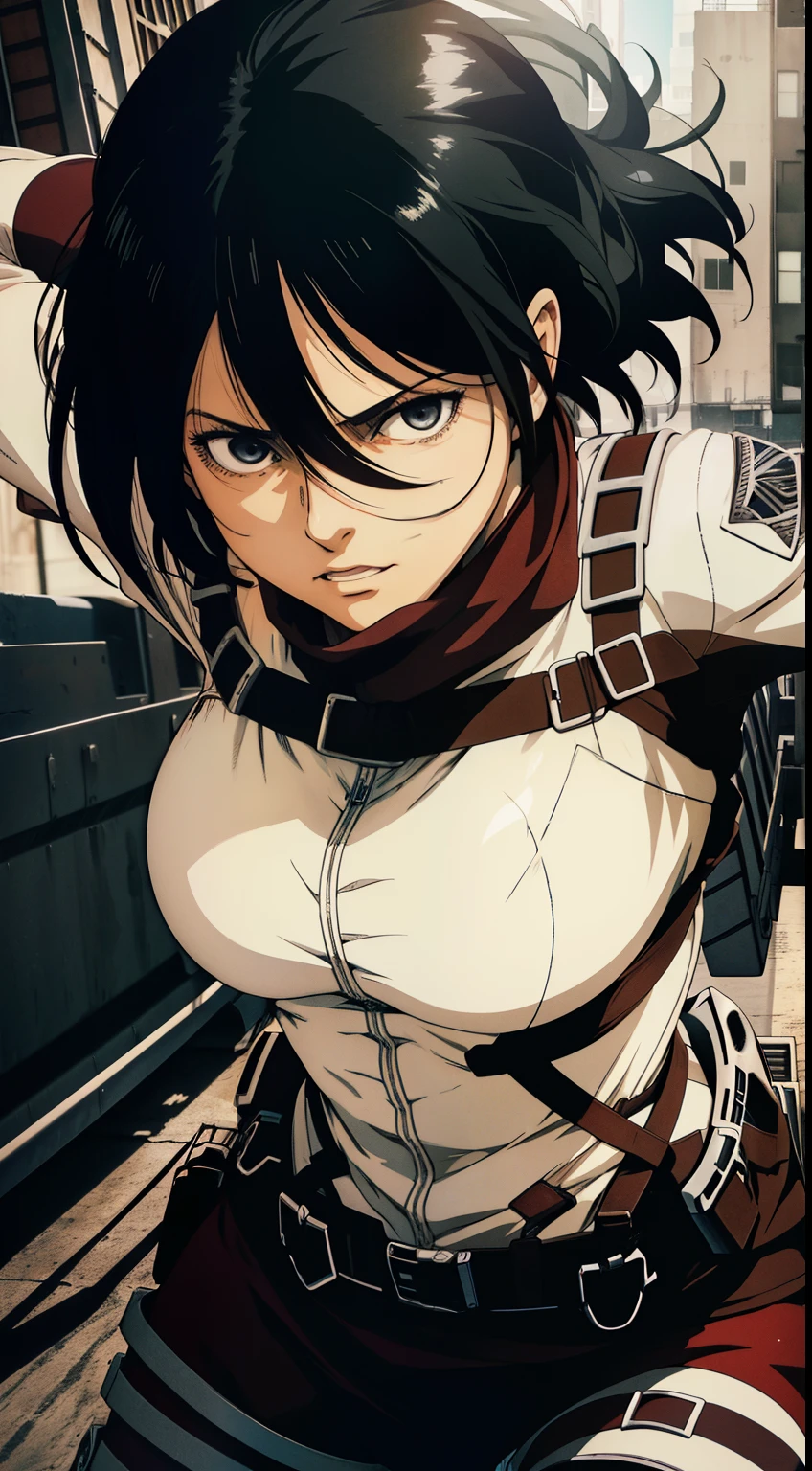 To get (Down) In all four、one big woman 、1girll, Solo, (masutepiece), Best Quality, Ultra-detailed, Mikasa Ackerman,in fighting，Wielding a knife