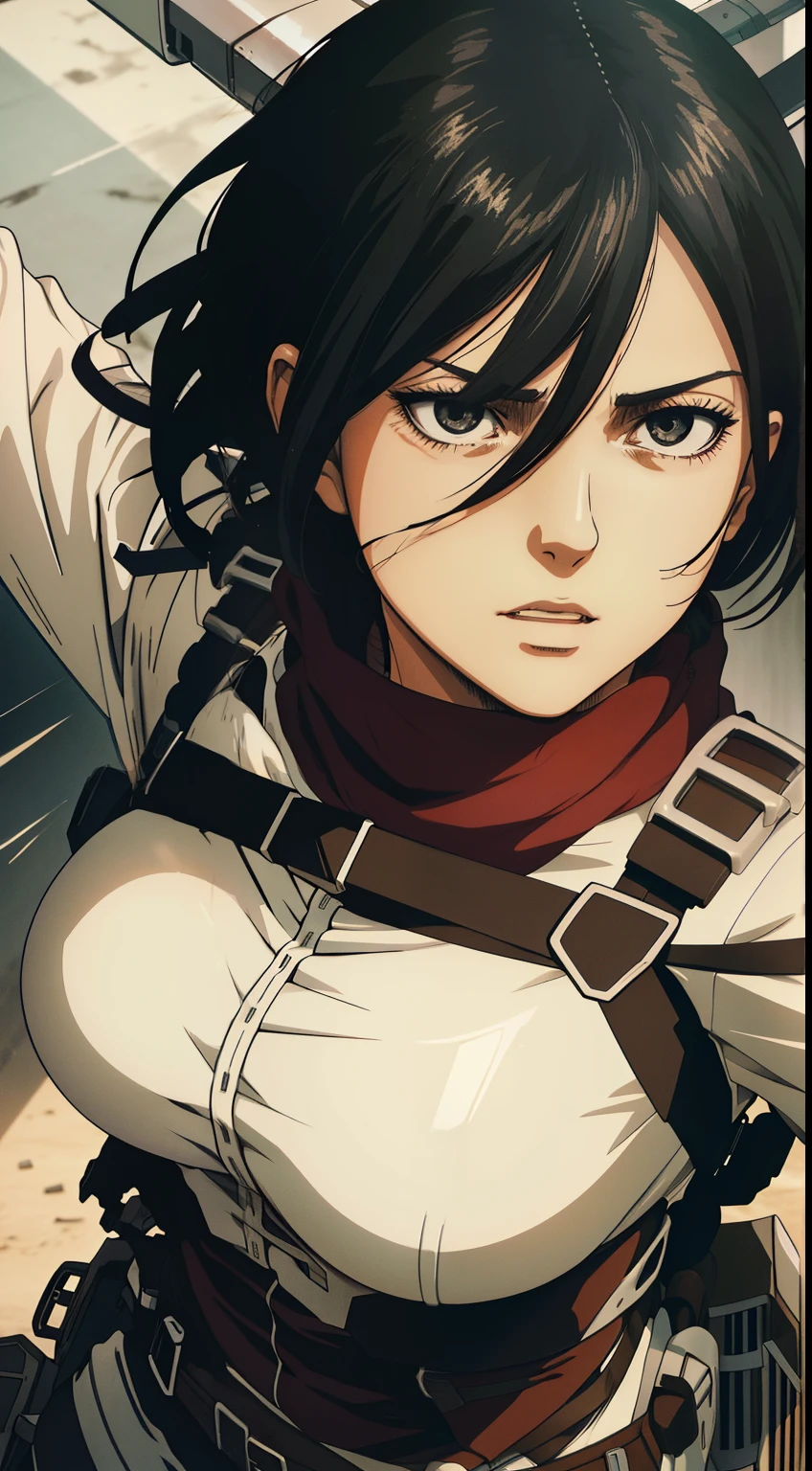 To get (Down) In all four、one big woman 、1girll, Solo, (masutepiece), Best Quality, Ultra-detailed, Mikasa Ackerman,in fighting，Wielding a knife