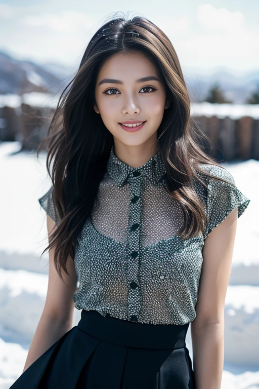 the Extremely Detailed CG Unity 8K Wallpapers、top-quality、ultra-detailliert、masterpiece、realisitic、Photo Real、extremely detailed cute girl、25-years old、(skirt rift)、(skirt lift by yourself))、Different color panties for each image、panties focus、red blush、cparted lips、looking at the viewers、Half body shot、Beautiful woman wearing fashionable and classy clothes、Beautiful snowfall landscape with snowy mountains) Different hair lengths and waves for each image,Sweet smile