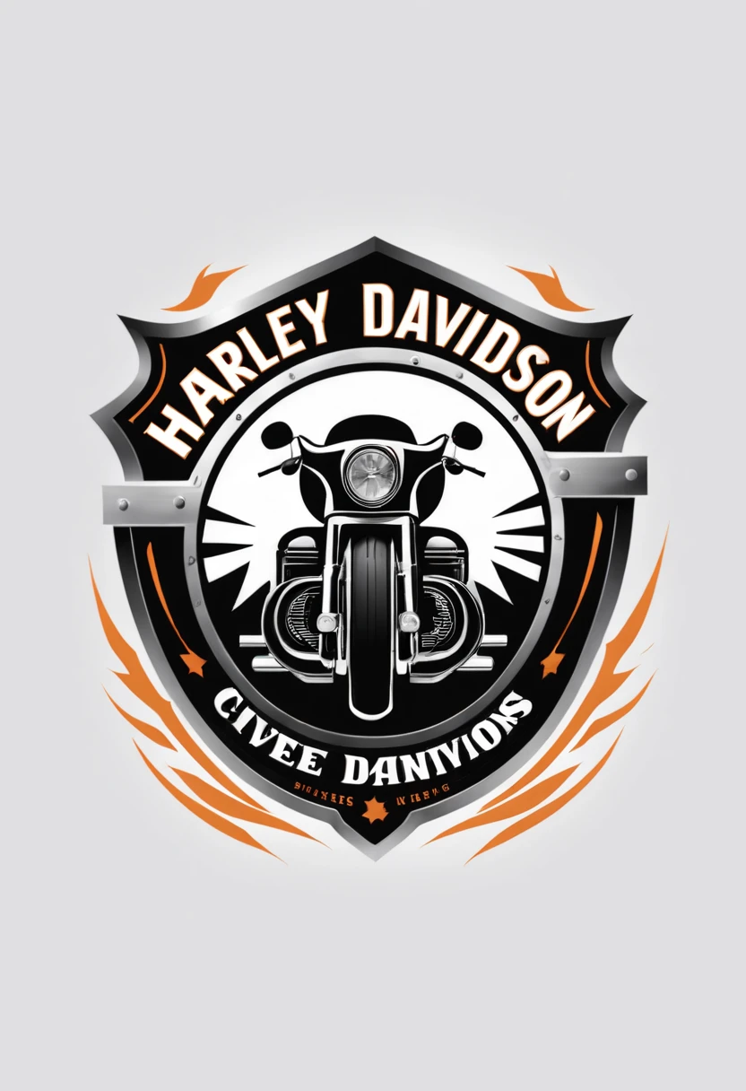 Harley Davidson logo design,t shirt design,beefy style,design only,white background,no model,professional,high contrast,high-res,ultra-detailed,vivid colors,metallic accents,sharp focus,edgy,dynamic composition,gritty texture,rough brush strokes,mechanical elements,chrome effect,classic typography,retro style,distressed look,aggressive lines and curves,3D rendering,striking visual impact,dark shadows,strong branding presence,monochromatic palette,industrial aesthetic