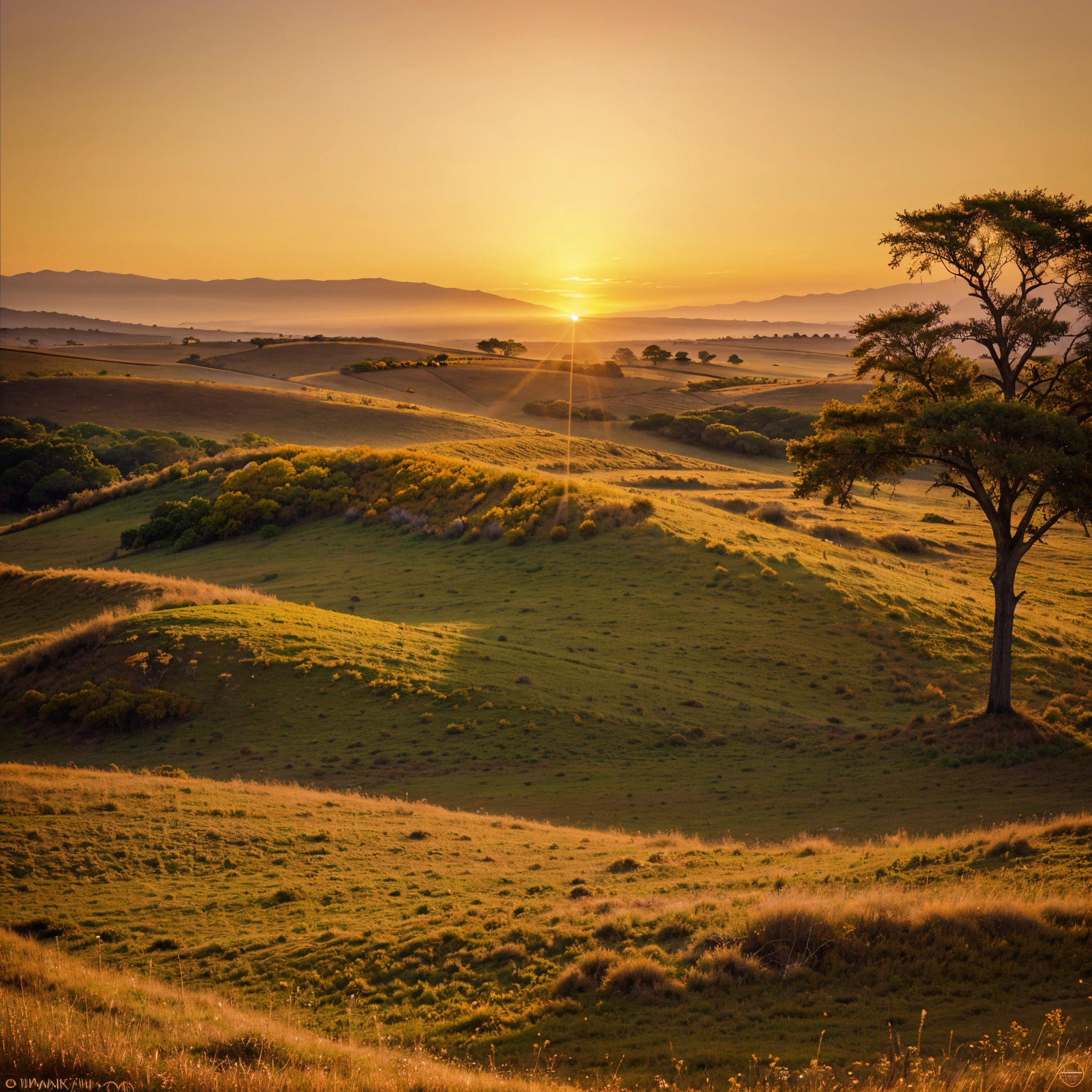 A breathtaking sunrise illuminates the vast expanse of a savanna, casting a golden glow that highlights the rolling hills and swaying grasses. The sky is painted with hues of fiery orange and warm pink, creating a picturesque scene reminiscent of a stunning photograph. The majestic sight evokes a sense of tranquility and awe, captivating viewers with its vibrant colors and impeccable composition. This remarkable image captures the pristine beauty and serenity of nature at its finest.