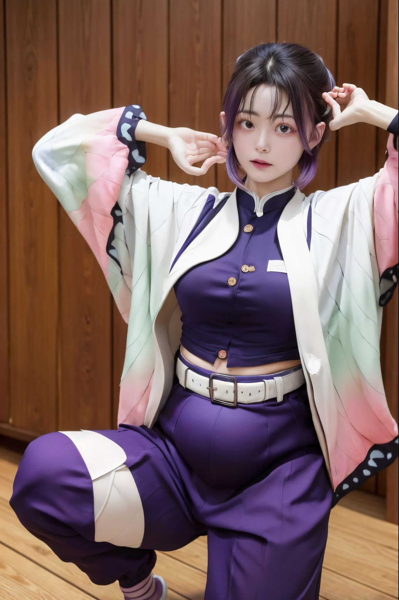 masterpiece, best quality, highres, 1girl with old man, solo, kochou shinobu, butterfly hair ornament, purple eyes, multicolored hair, short hair, parted bangs, black pants, black jacket, long sleeves, belt, squat, pregnant, wet underwear, scared, shame, humilated, large breast, crying, straddled, lewd, show crotch, fart, defecate