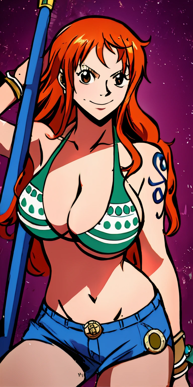 An arafe woman wearing a bikini top and shorts and holding a sword, nami one piece, beautiful portrait of nami, Nami of one piece, Nami, Detailed Digital Anime Art, cutesexyrobutts, Very detailed ArtGerm haha, deviantart artstation cgscosiety, realistic bikini, Swimsuit, fanart best artstation, ArtGerm. high detailing