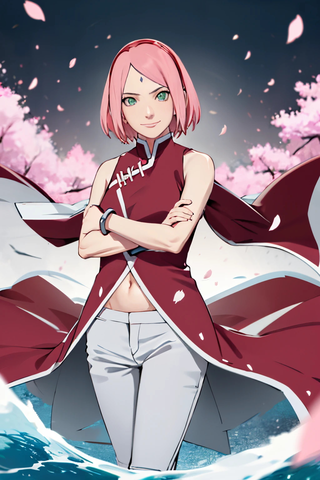 masterpiece, absurdres ,1girl, haruno sakura,forehead mark, red hairband, red sleeveless dress, white pants,navel, groin, bracelet, looking at viewer, crossed arms, smile, cherry blossoms, wind, floating hair,