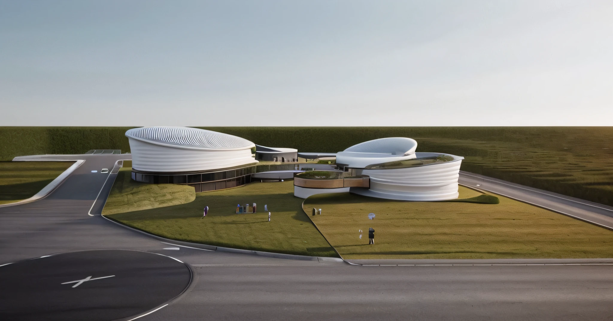 a rendering of a building with a lot of grass and a street, conceptual rendering, architecture render, architectural render, detail render, 3 / 4 view, 3/4 view, artists impression, architectural concept, concept image, concept drawing, highly rendered!!, rounded architecture, front perspective, concept render, digital rendering, curvilinear architecture, artist's impression