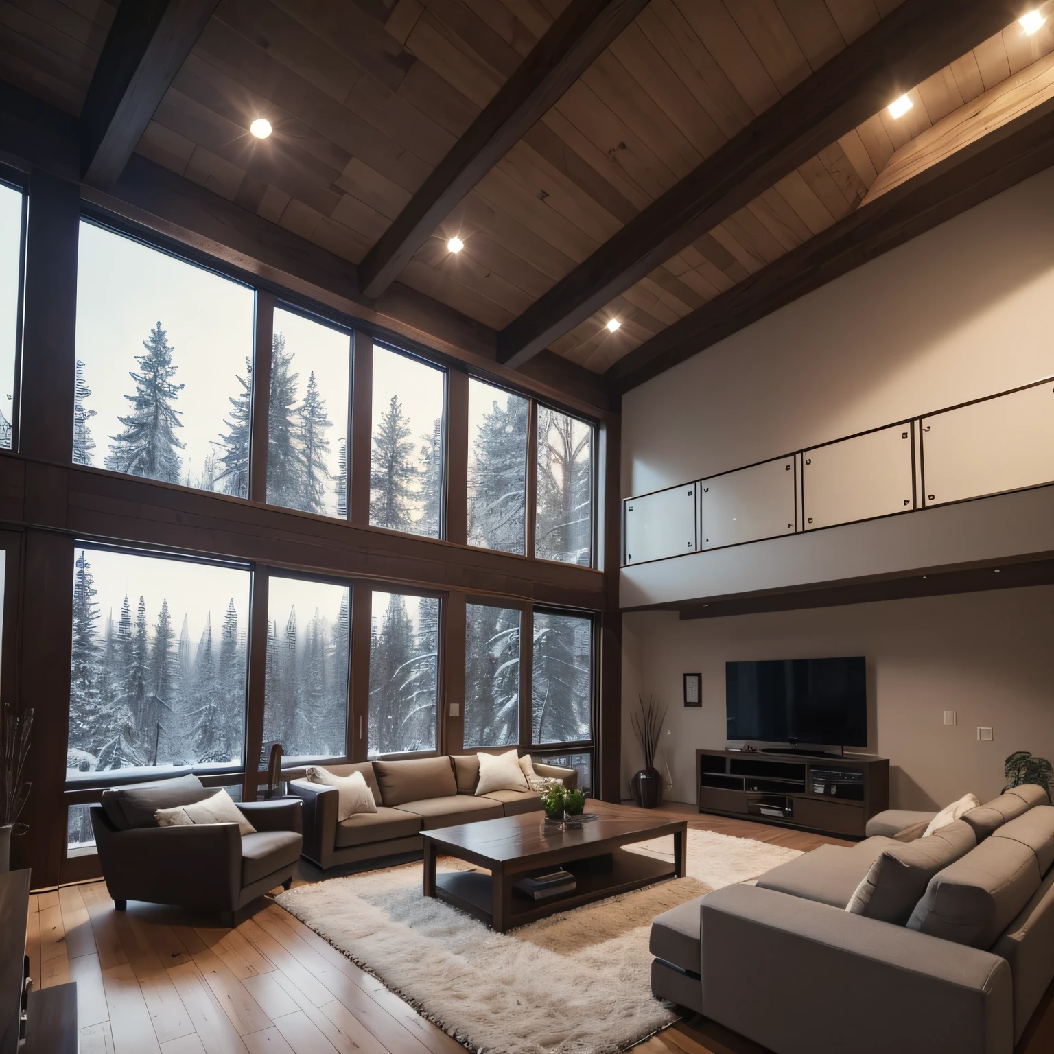 A double-height ceiling living room with a large, floor-to-ceiling window on one side. Whole wall is window. Outside is a dark snow-covered landscape. The living area is furnished with plush, contemporary sofas and chairs in neutral tones, grouped around a low, central coffee table. The room's color palette is composed of dark brown and warm tones, with the soft lighting from various lamps adding a cozy ambiance.