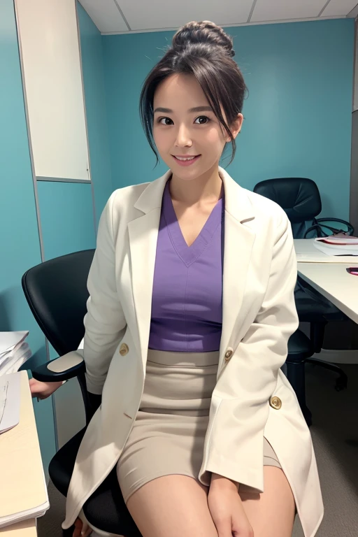 Examination room, 40 years old, tight skirt, doctor's white coat, sitting on a chair, writing a medical record, up-do hair, smile, white skin