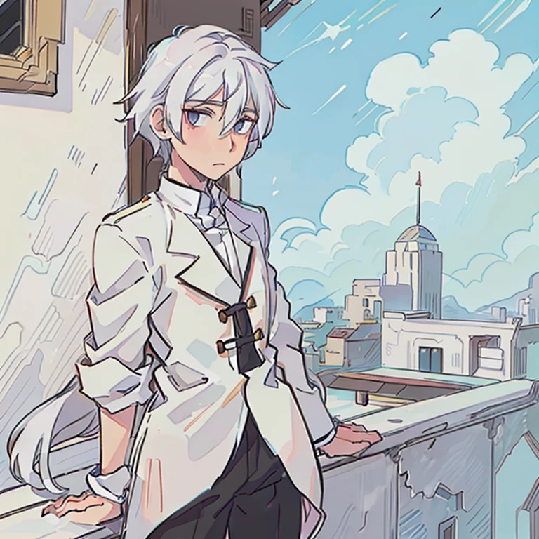 A tall anime man with white hair, he is standing on a balcony. He is looking over the edge down to a ball room.