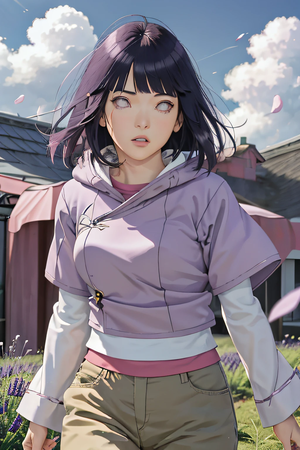 masterpiece, absurdres, hinata\(boruto\), 1girl, solo,mature female, purple hoodie,layered sleeves, brown pants, outdoors,lavender flower field, wind, floating hair, looking at viewer, (falling petals), cloudy sky, perfect composition, detailed lips, medium breast, beautiful face, body propotion, blush, (pink lips), long hair