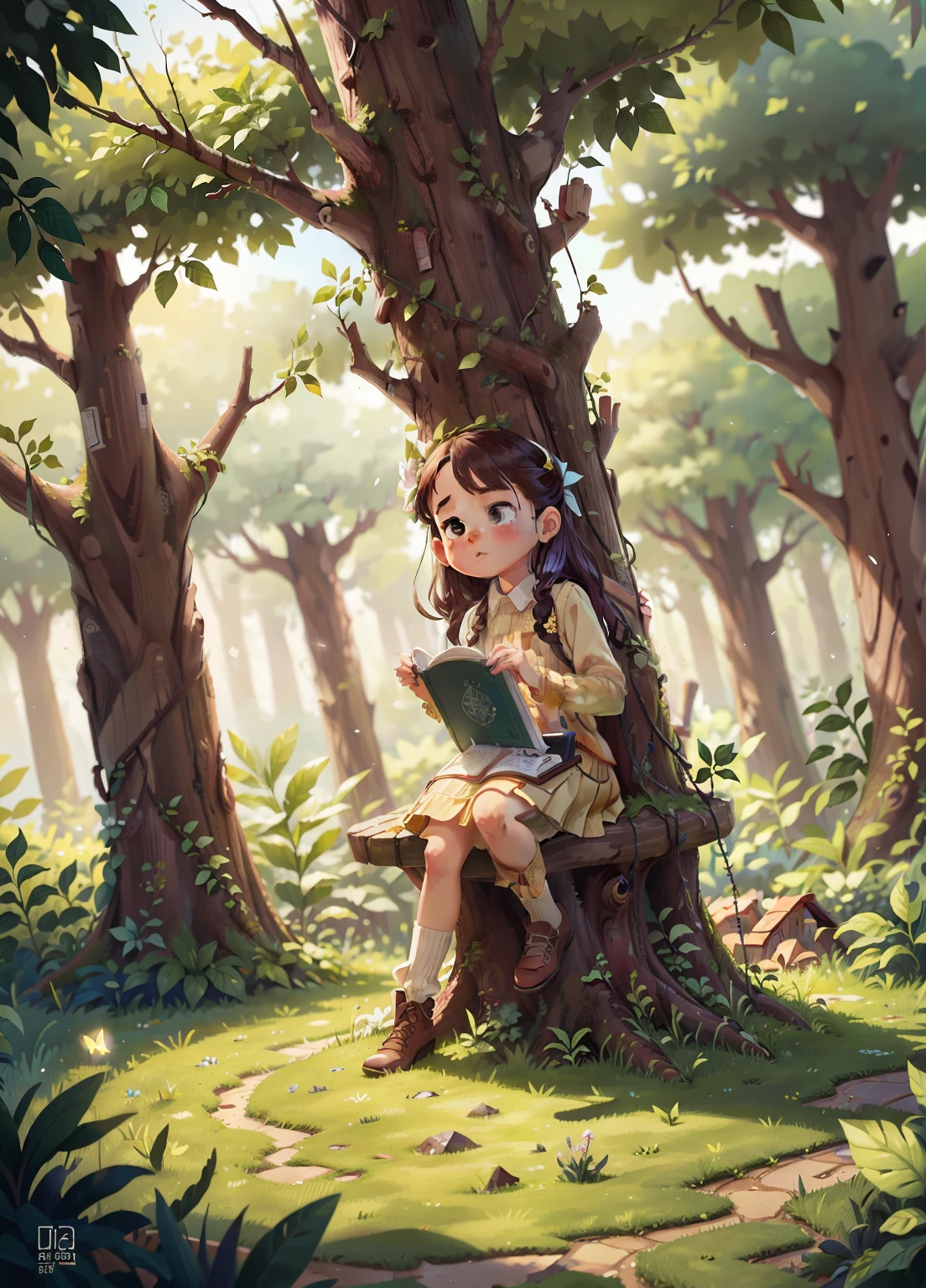 A girl sitting on a tree reading a book in the woods - SeaArt AI