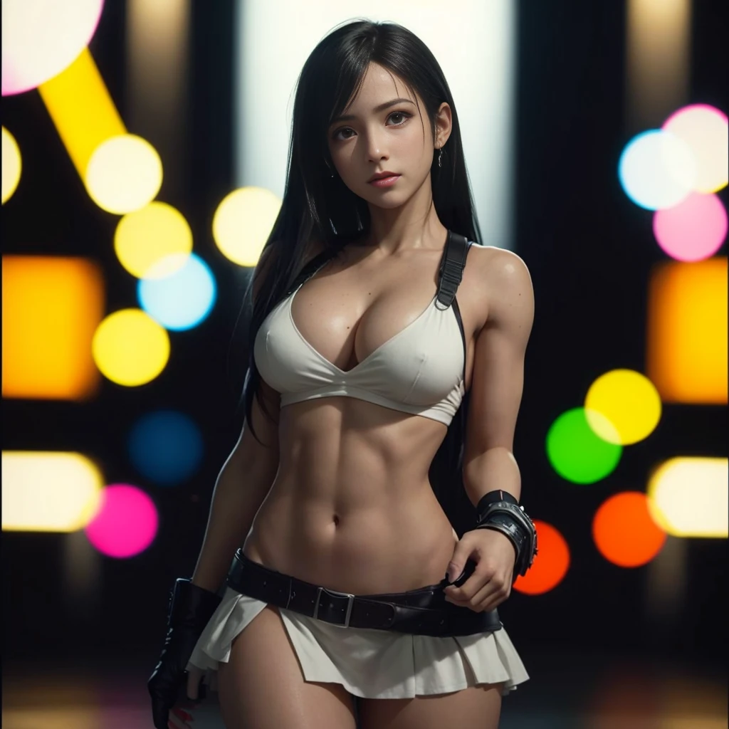 (best quality,ultra-detalhado),(Realistic:1.37),Tifa Lockhart, Rosto bonito e detalhado, maquiagem preta nos olhos, textura ultra realista, rosto delicado, corpo delicado, Fit physique, expression happy