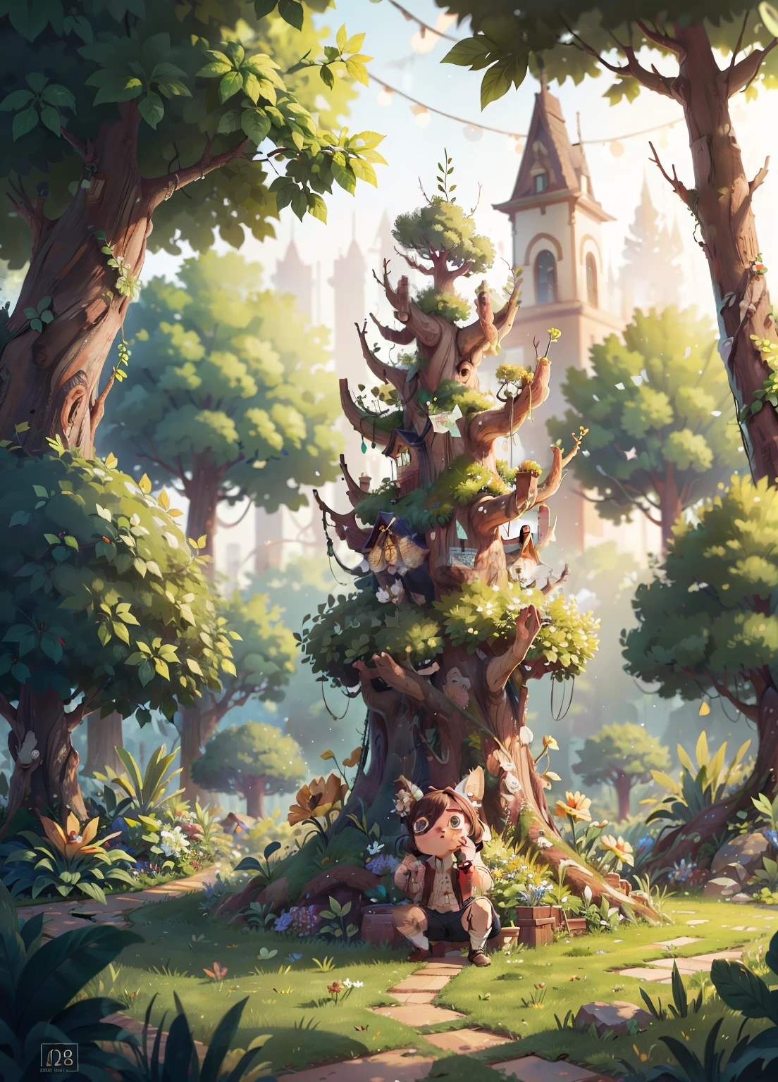 big tree in the middle of the garden in the backyard of the house, linear art, Illustration, Best Quality, masutepiece, Ultra High Resolution, Perfect quality, clear focus star piece: 1.2) (Realistic: 1.2) (Bokeh) (Best Quality) (Intricate details) (8K) (Sharp Focus)