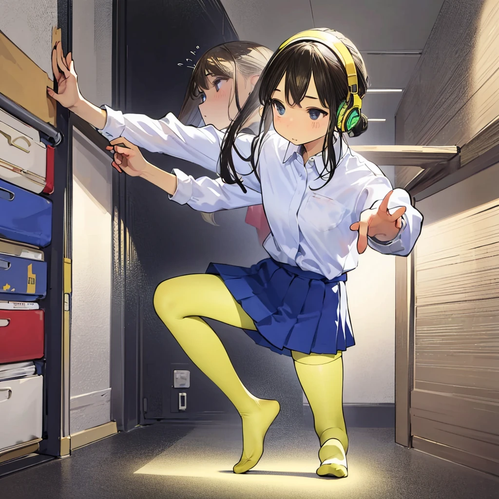 best qualtiy, tmasterpiece, 超高分辨率, realisticlying, 1 girl, long white hair,Heterochromic pupils,Long legs,With a headset,(Tight underwear),head looking up,cheerfulness,Light yellow tube stockings,Light yellow sneakers,Dance in the practice room,wide angles