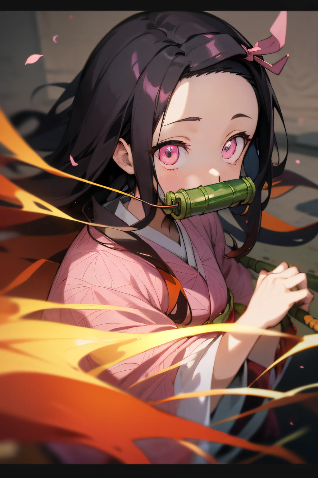 Nezu furnace, Nezuko Kamado, Bamboo, (bit gag:1.5), Black hair, (Forehead:1.5), gag, Gagged, Hair Ribbon, Long hair, multicolored hair, (Pink eyes:1.5), Orange hair, Slit pupils, Wavy Hair, Two-tone hair,
Break Asa is not (Pattern), Checkered sash, haori, Komono, Kimono, Long sleeves, Obi, Pink kimono, sash, wariza,  Wide sleeves,
BREAK looking at viewer,
Break indoors,
BREAK (masutepiece:1.2), Best Quality, High resolution, Unity 8k壁纸, (Illustration:0.8), (Beautiful detailed eyes:1.6), extra detailed face, Perfect Lighting, extremely details CG, (Perfect hands, Perfect Anatomy),