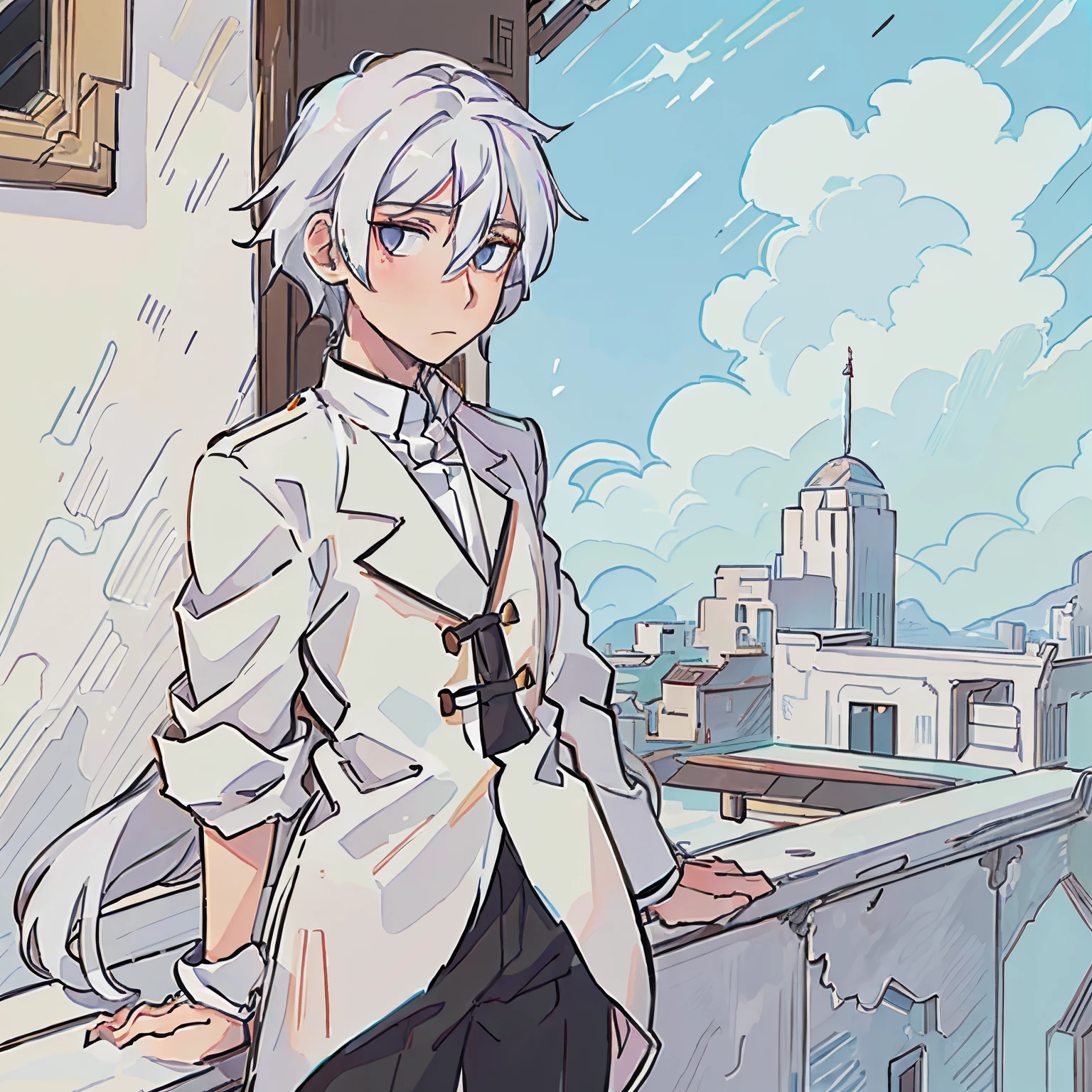 A tall anime man with white hair, he is standing on a balcony. He is looking over the edge down to a ball room.