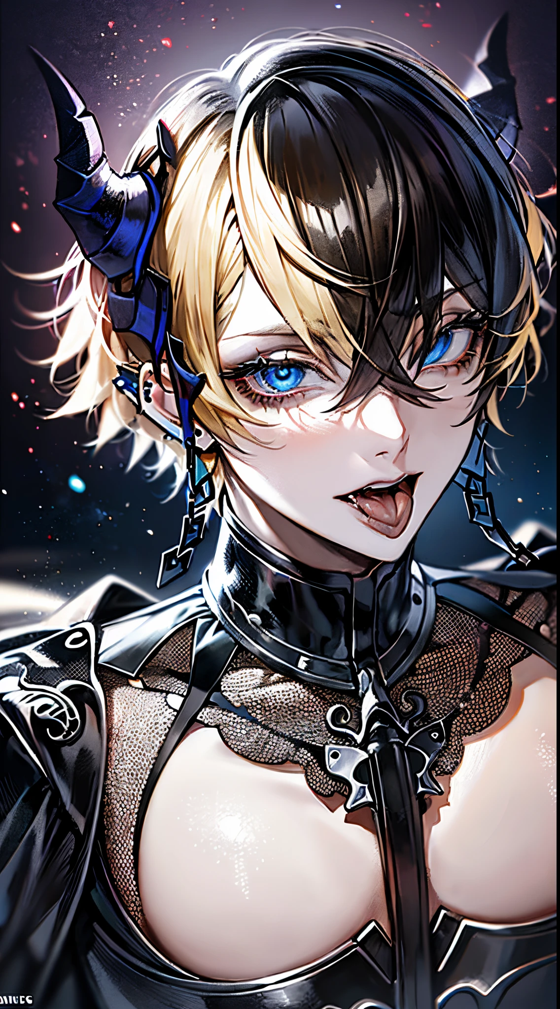 Masterpiece, best quality, high quality, ultra detailed, 1boy, toned, cosmic powers, HD, masterpiece, vibrant, black boots, dead expression, masterpiece, high quality, best quality, ultra detailed, 1 boy, tall boy, incubus, no underwear, short hair, blonde hair, light blue eyes, dark black skin, tongue sticking out, long tongue, anguish, heart-shaped eyes, heart-shaped pupils, fine detailed eyes, unusual shape, ((lots of piercings)), Goth boy, (fishnet stockings, gothic print:1.25) boy in a black and white outfit, boy wearing a Gothic outfit, large boots, high heel, boy wearing a black leather garterbelt and (multiple leather straps, multiple iron chains attached to rings:1.125), shorts, ((devil wings, tail and horns)), highly detailed fine art, (finely detailed beautiful eyes and detailed face), delicate depiction of facial features, detailed metal jewelry, dramatic composition, cinematic lighting, ((((perfect anatomy)))), ((((anatomically correct))))