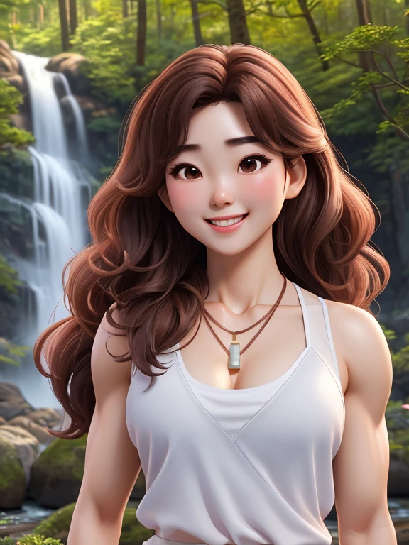 attractive korean woman, ripped muscle, muscular body, small breast, pale skin, smile(blush), chemise, thin necklace, sixpack abs, [ultra detailed skin:1.2], brown hair, wavy hair, 8k uhd, full body, crowd, public, forest, waterfall, standing,