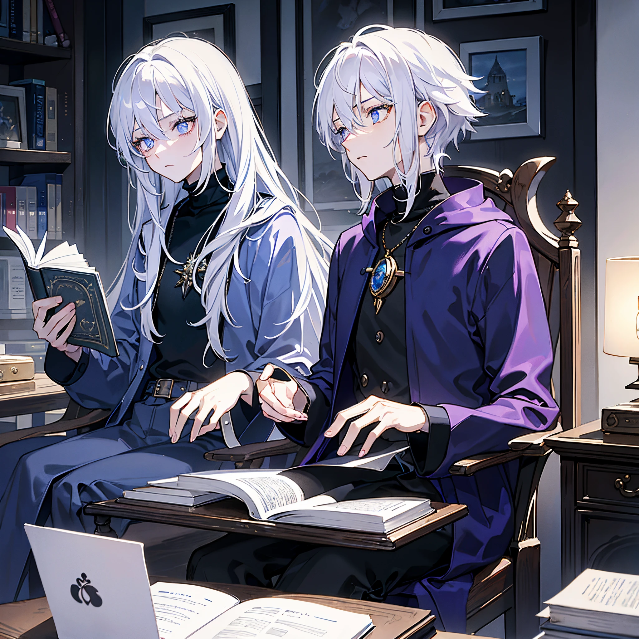 Masterpiece, best quality, high quality, ultra detailed, 1boy, platinum white hair, Melancholic, blue and purple gradient eyes, long eyelashes, Messy hair, right side lock hair is little long, Wear a black turtleneck, dark purple manteau, he is a wizard, Sit in the chair, magical medicine bottles, reading a book, fantasy atmosphere, dark fantasy, expressionless