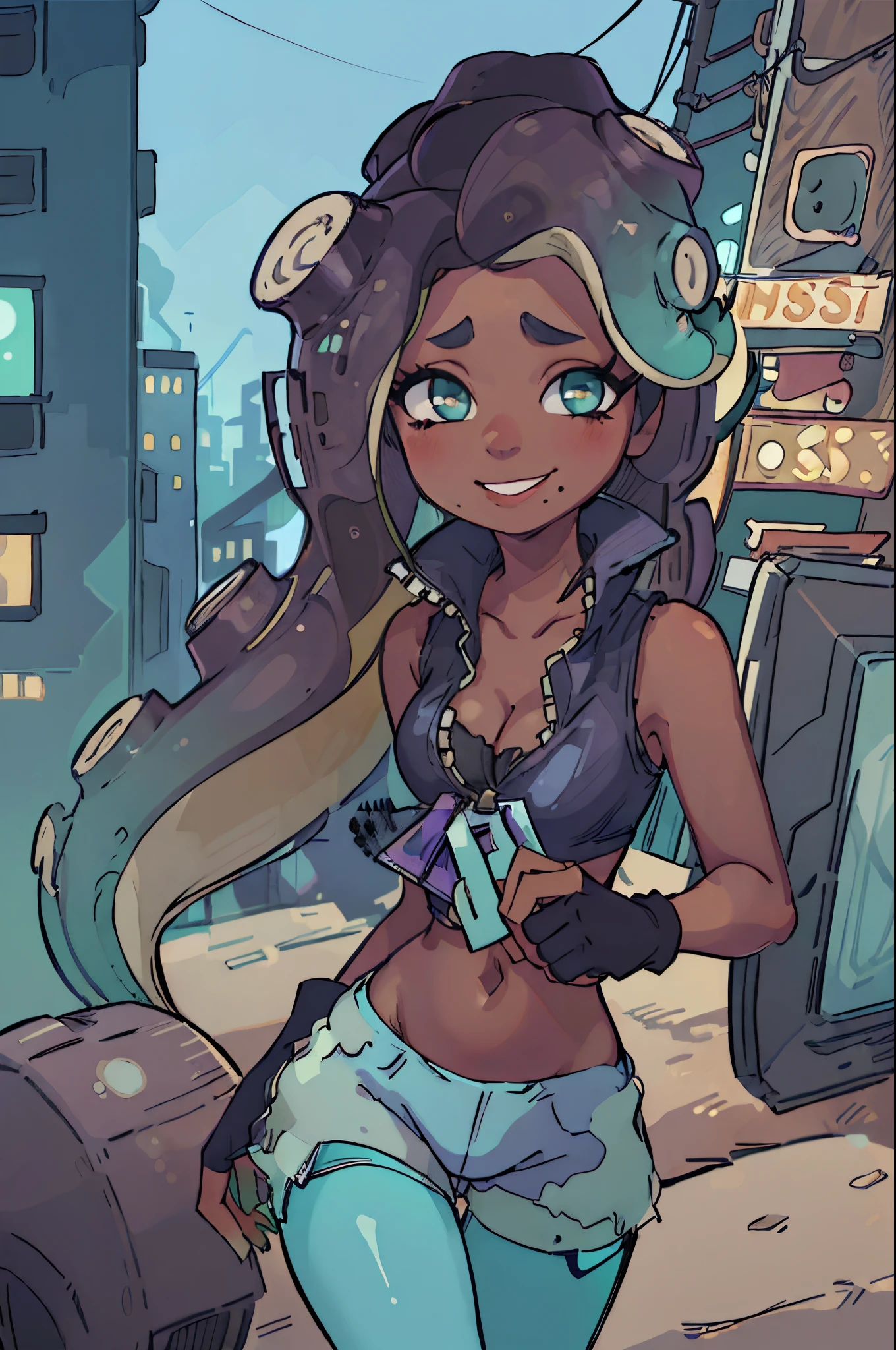 (masterpiece, best quality:1.2), cowboy shot, solo, 1girl, marina, dark skin, dark-skinned female, smile, looking at viewer, tentacle hair, crop top, vest, shorts, green pantyhose, gloves, cleavage, busy city background