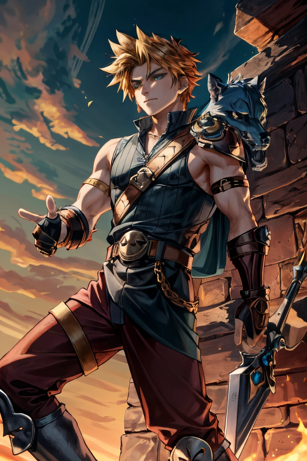 A wide angle full-length shot of Zepheus, Zepheus has a lean yet muscular warrior’s build, dirty blonde hair styled in a swept-back spiky manner partially covering one piercing blue-green eye, His fair olive skin tone contrasts with his hair, Defined facial features like jawline and cheekbones, His outfit features a combat dark blue-green tunic with gold embellishments and intricate patterns, Greek-style leather greaves and vambraces have steampunk-esque accents, Earth-toned fantasy boots are accented in bronze and copper, a metal wolf skull pauldron over one shoulder adds a touch of fantasy, Red colored trim details throughout the ensemble tie the look together and symbolize Zepheus’ connection to underworld deities and realms, his design reflects his unique heritage and conflicting loyalties, 4K, masterpiece, high details, 4K, cloud strife, shoulder armor, sleeveless turtleneck, suspenders, belt, baggy pants, gloves, bracer, boots, ZagreusHades, ootLink, hat, green tunic, belt, fingerless gloves, boots, weapon on back,