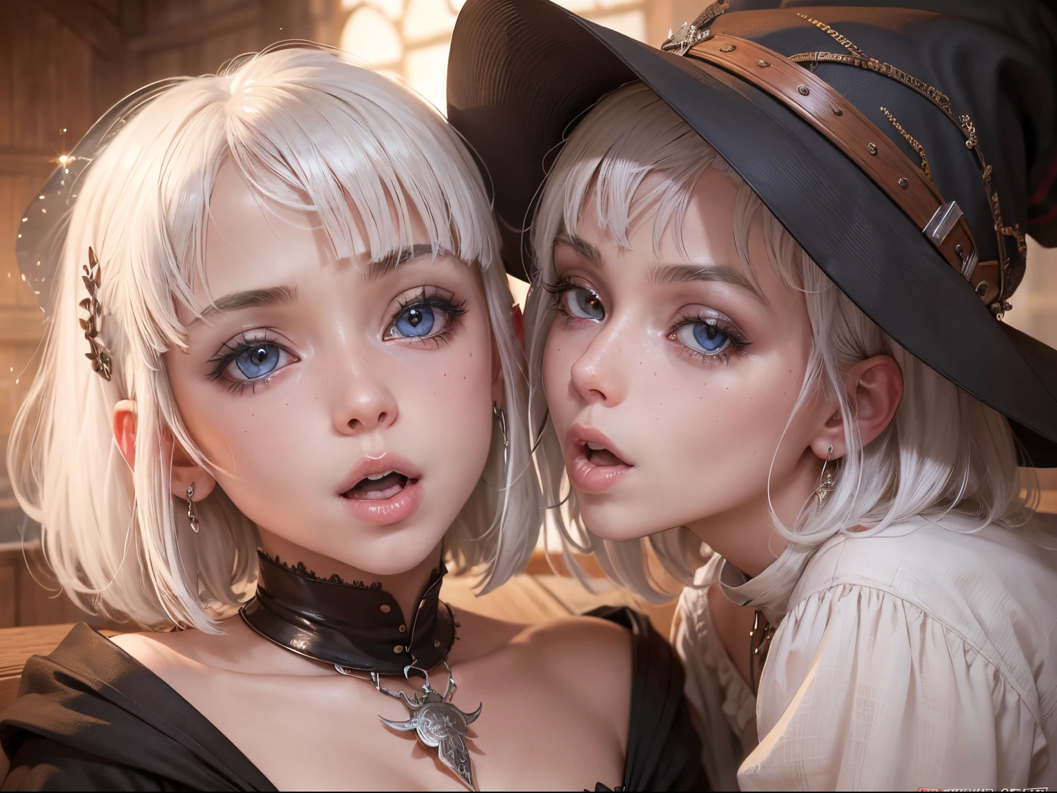 (masutepiece), (Piece of art), (Amazing work), (Detailed eyes), (Delicate skin), (Colorful eyes), (short white hair with bangs), (Sparkling eyes), (1girl in) ,(tiny chest),Skinny Legs,With witch's hat, oud, old, Wear extravagant medieval clothing, masutepiece, Best Quality, The best Desinger, Best Illustration,Lesbian couple ,lesbian couple oral ,