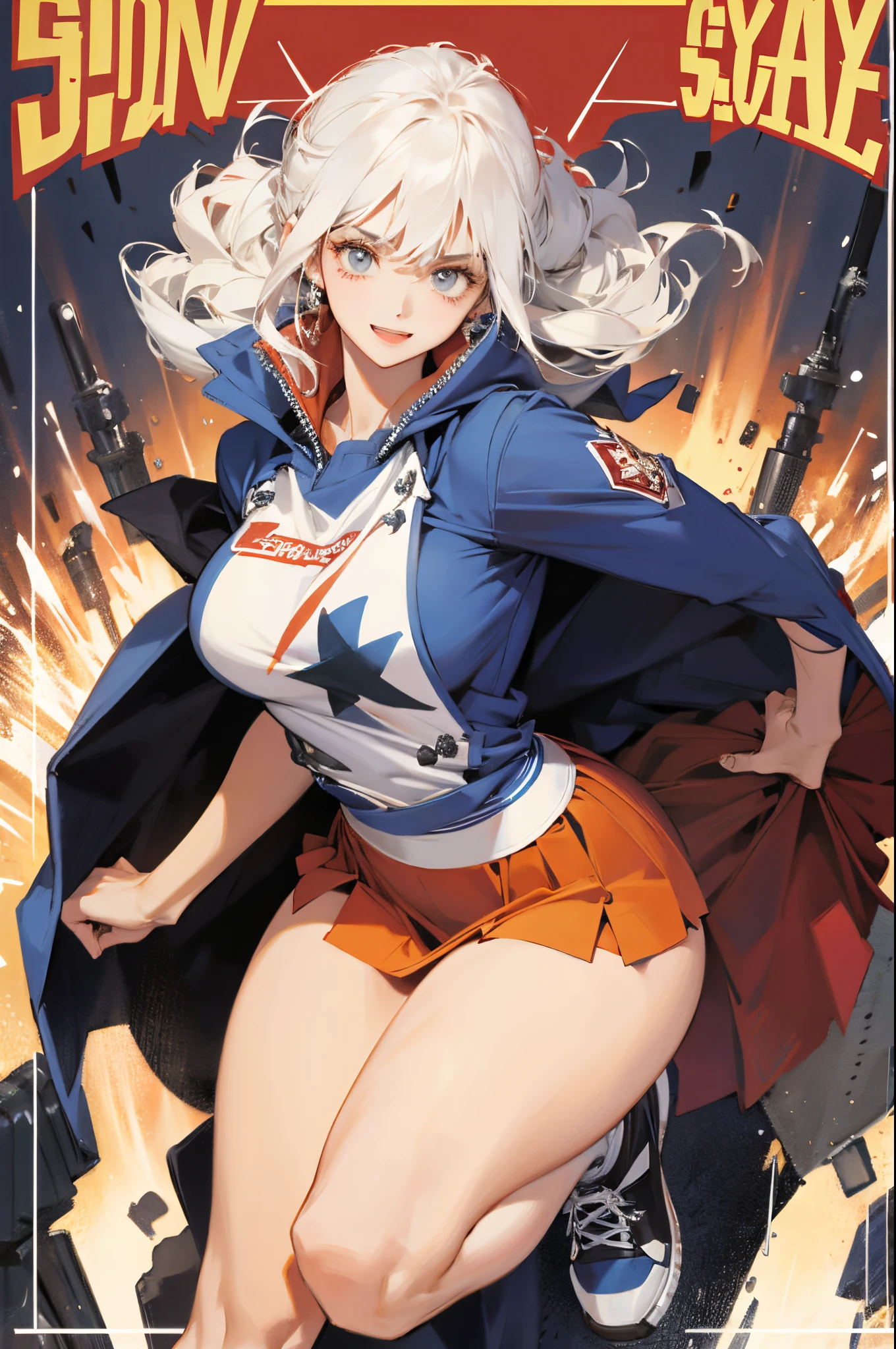 strength,Promotional poster style，Superskirt，C cupleshy thighs，lewd poses，The look of happiness