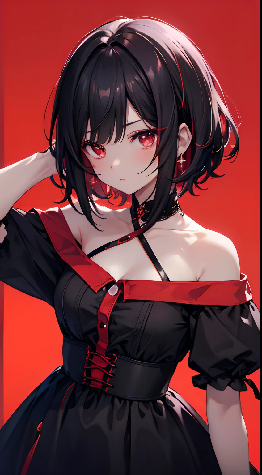ultra hyper-detailed、high qulity、Best quality at best、The very detailed、accurate illustration、pencil drawing、edge detection、Sharpness、hight contrast、to emphasize、real photograph、Cinema lights、8K、Bright red background、red grade background、Gradient、Dark-skinned man、Beautiful girl、Black dresright red lipstick、bright red eyeshadow、red eyerunette color hair、short detailed hair、Light short hair
