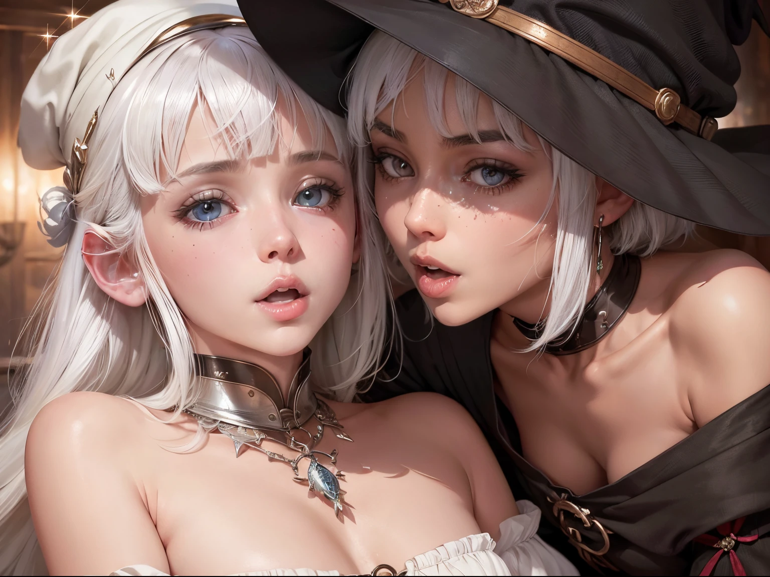 (masutepiece), (Piece of art), (Amazing work), (Detailed eyes), (Delicate skin), (Colorful eyes), (short white hair with bangs), (Sparkling eyes), (1girl in) ,(tiny chest),Skinny Legs,With witch's hat, oud, old, Wear extravagant medieval clothing, masutepiece, Best Quality, The best Desinger, Best Illustration,Lesbian couple ,lesbian couple oral ,