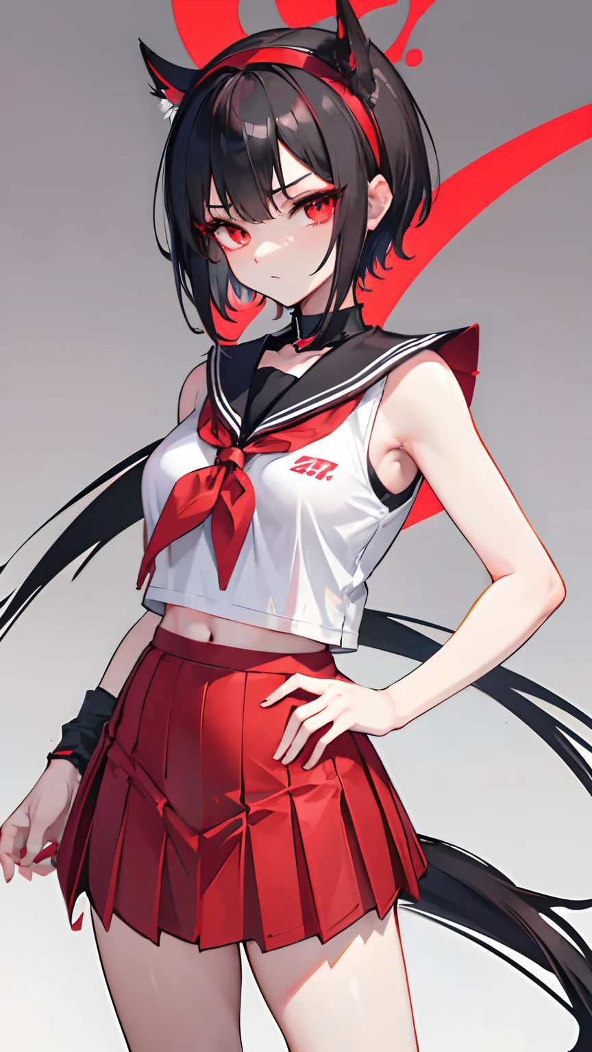 insanely details, style of anime, The upper part of the body, Young and charming loli, Sporty chic short black hair, eye-catching red horns, Crimson headband, Charming red eye circles, and a tempting, school uniform. A sleek tail enhances her mysterious charm, exudes elegance and charm.