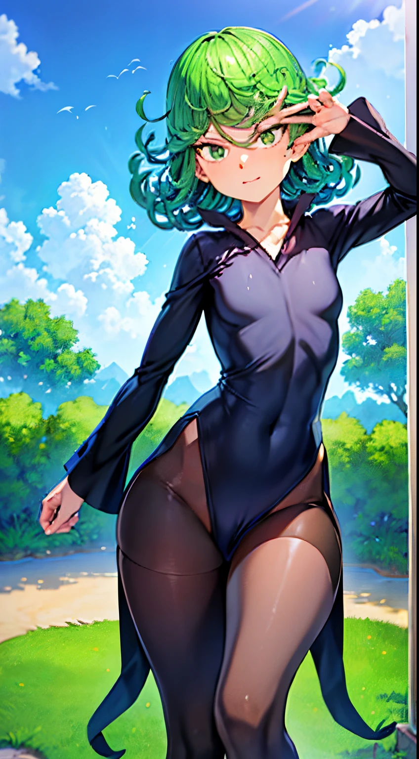 (masutepiece, Best Quality:1.2), Cowboy Shot, Solo, 1girl in, tatsumaki, Lustful, Closed mouth, Looking at the viewer, Ass, wide hips, Black Dress, Blue sky, Clouds, Erotica