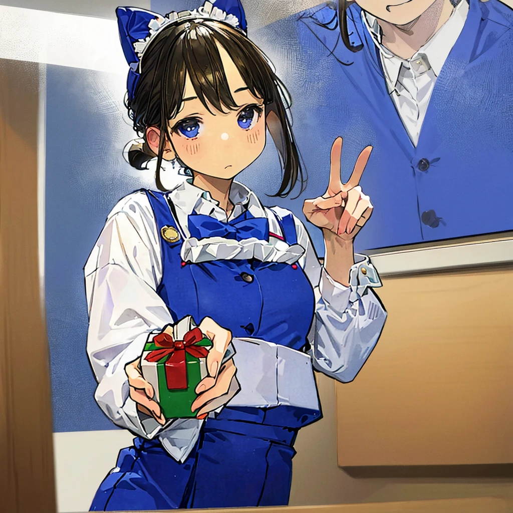 (Anime girl), ((manga style)), maid costume, ((handing camera a gift box)), she is mbarresed, she is flustered, good illustration, office setting, window background, reflections, nylon