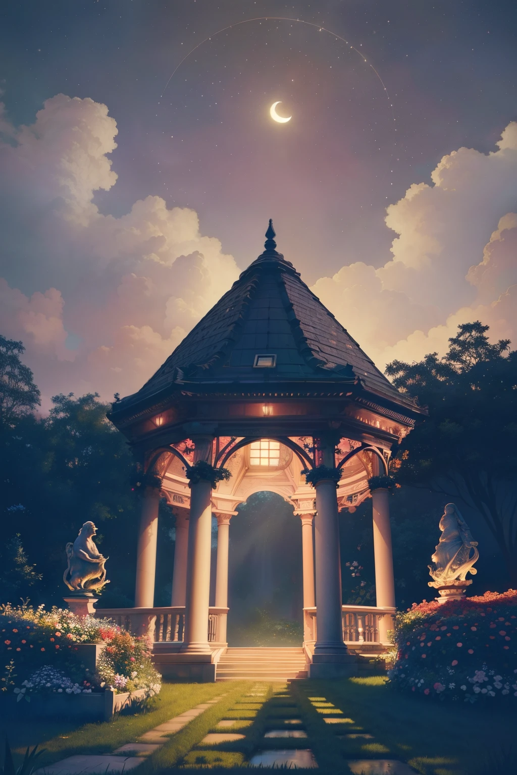 (Illustration:1.3), (secret garden), lush, floral, rose, (botanical), romanticism, moody, space, stars, nebula, beautiful clouds, moon, trellis, lattice, garden, gazebo, (realistic:1.5), (good shading), good architecture, volumetric lighting, cinematic, good architecture, (highest quality, award winning, masterpiece:1.5),