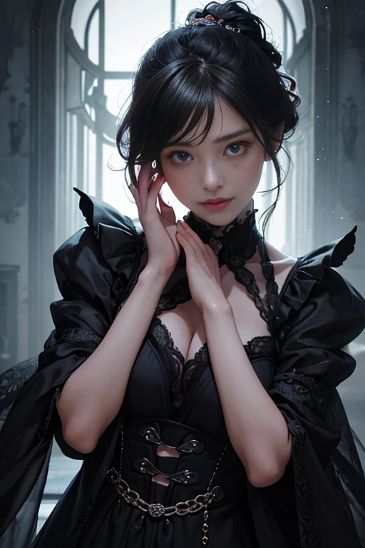 Official Art、Unity 8k Wallpapers、ultra-detailliert、Beautiful fece、Beautiful fece、masterpiece、top-quality、Too classy、Unrivaled、The Darkness、Maniacal、Satanism、atmosphere、mystery、romanticism、Erotic costumes、lo fashion、cyberpunked、Victorian、ornamented、Complexity、Ren Hao、pondering、emotional depth、Supernatural、1 rapariga、A slight smil、独奏、coll、portrait composition