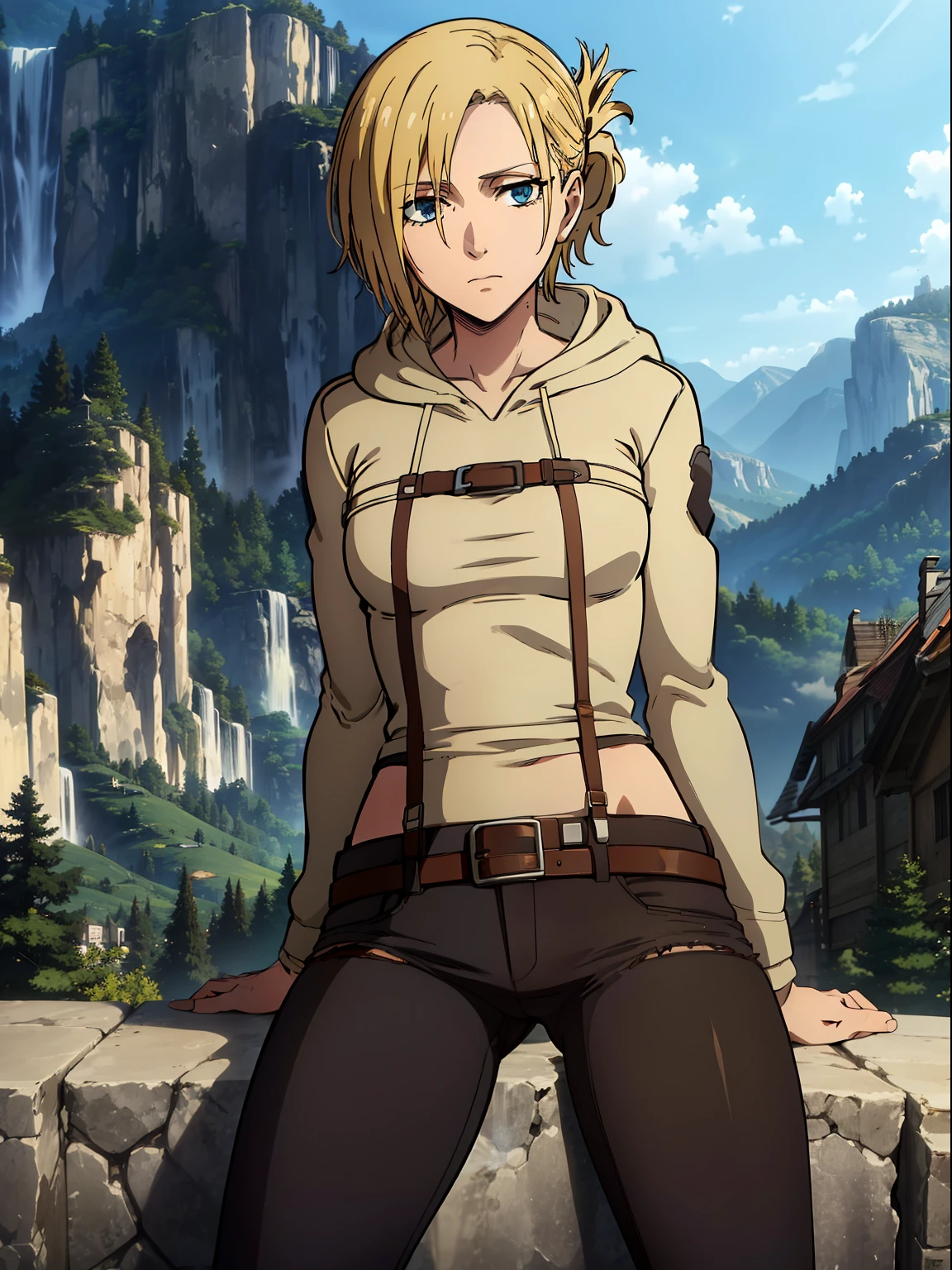 ((Best Quality)), ((masutepiece)), Highly detailed, 8K, ( Female), AnnieAOT,Solo, short length paradiritary_uniform, Jacket, Open jacket, full_Length_Tuck-in_Pale_brown_Hooded_undershirt, uniform, Military_uniform, Blue_denim_jeans, Dark brown waist harness for jeans, extra detailed face, sneakers, extremely_Detailed_Blue_denim_Medium Waist_Ripped_Tight_jeans, Pants, Dark_brown_waist_Harnes_SUI_white_jeans, Waist belt, thigh belt, fit glutes, sneakers, Dramatic Lighting, big anime eyes, Top quality eyes, SFW, 1girl in, skyporn, mountainscape, Waterfall, from a_way_Below, depth of fields, depth of fields, Sexy Pose, tiny chest, tiny chest,
