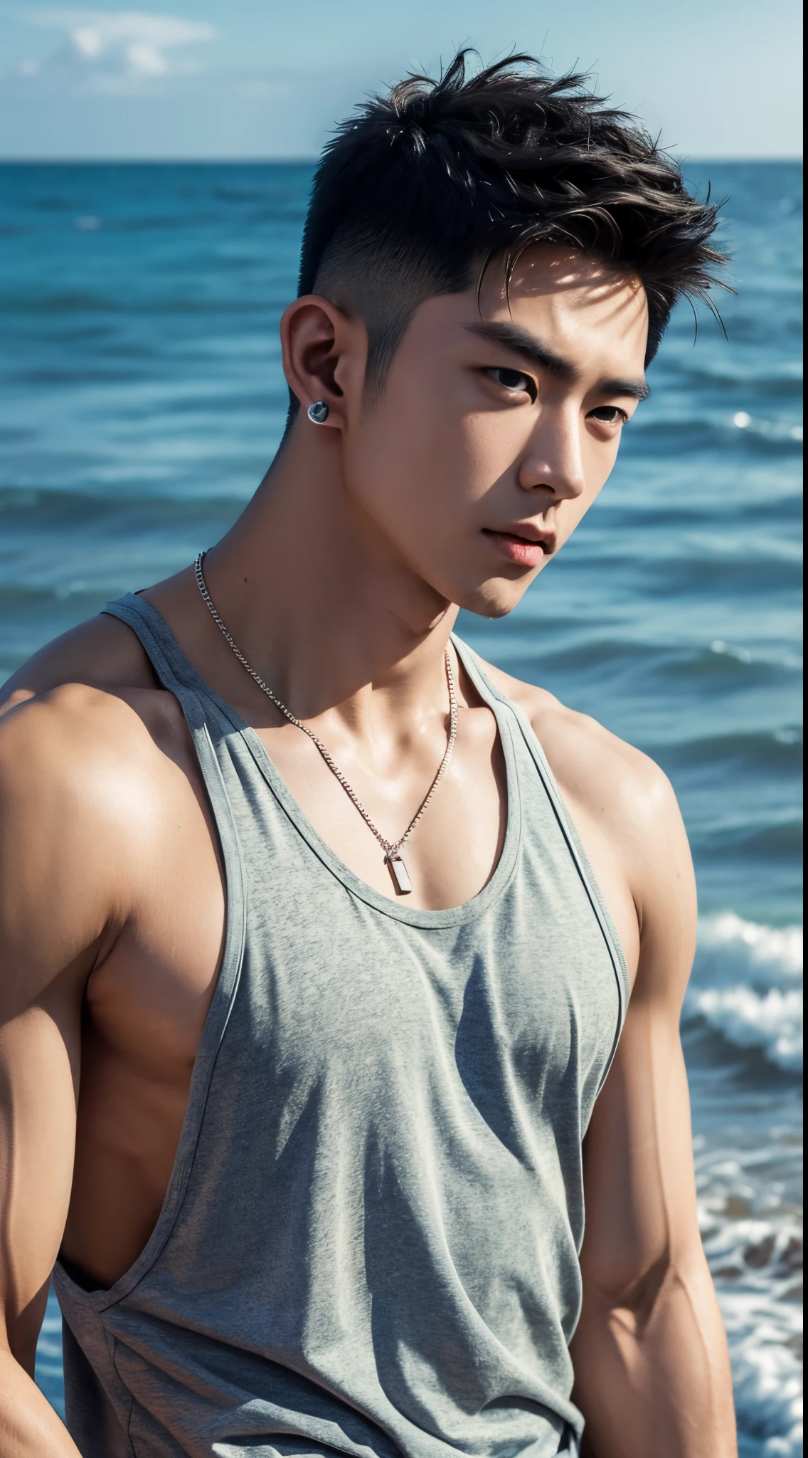 HD quality, high definition, fisherman male 18 years old handsome, muscular and slim, red lips, leaning against his boat, exposed crotch penisel with bracelets, earrings and Necklace, wearing sunglasses, open vest, fully nude and n body, eyse angry, side view, wearing shoes, in the middle of sea