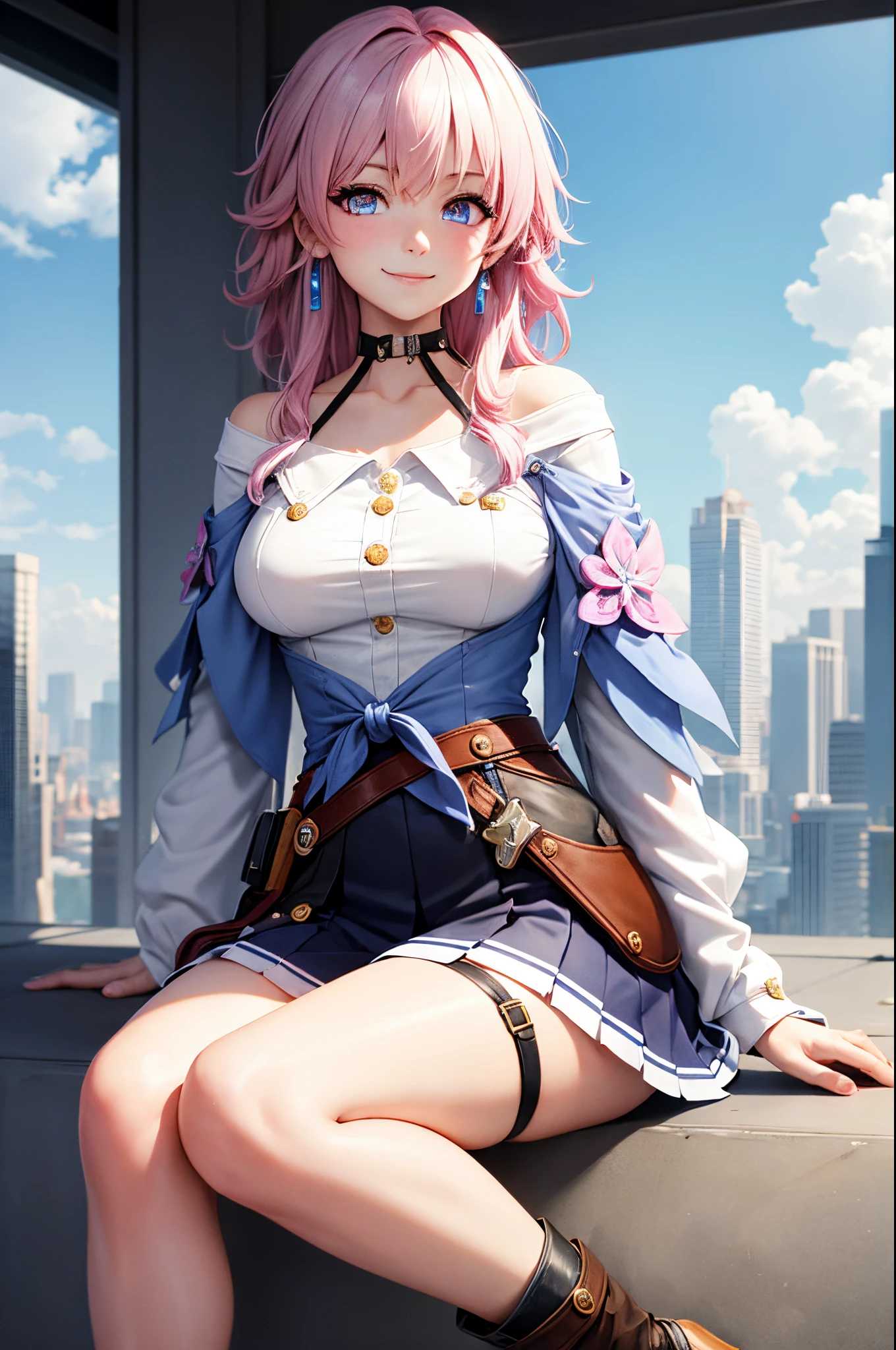 (masterpiece), best quality, expressive eyes, perfect face, 1 girl, solo, march seventh, blue eyes, hair between eyes, medium hair, pink eyes, pink hair, two-tone eyes, ankle boots, archery shooting glove, badge, bare legs, black choker, black corset, black footwear, black gloves, blue jacket, blue skirt, boots, button badge, buttons, choker, collarbone, corset, earrings, flower ornament, gloves, high heel boots, high heels, jacket, jewelry, long sleeves, miniskirt, partially fingerless gloves, pleated skirt, shirt, single earring, single glove, skirt, thigh strap, tied jacket, underbust, white shirt, smiling, city, background, futuristic city, sitting, portrait, looking at the viewer