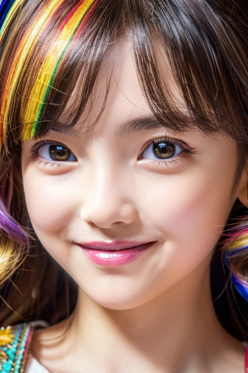 masutepiece, Best Quality, masutepiece, Godlike quality, Godlike art, Highly detailed face, Highly realistic, Cute, Young Girl, Smiling, Big eyes, long eyelashes, multicolored hair, multicolored eyes, Shiny skin, Full lips, Big lips, Shiny skin, Blushing, Magnificent view