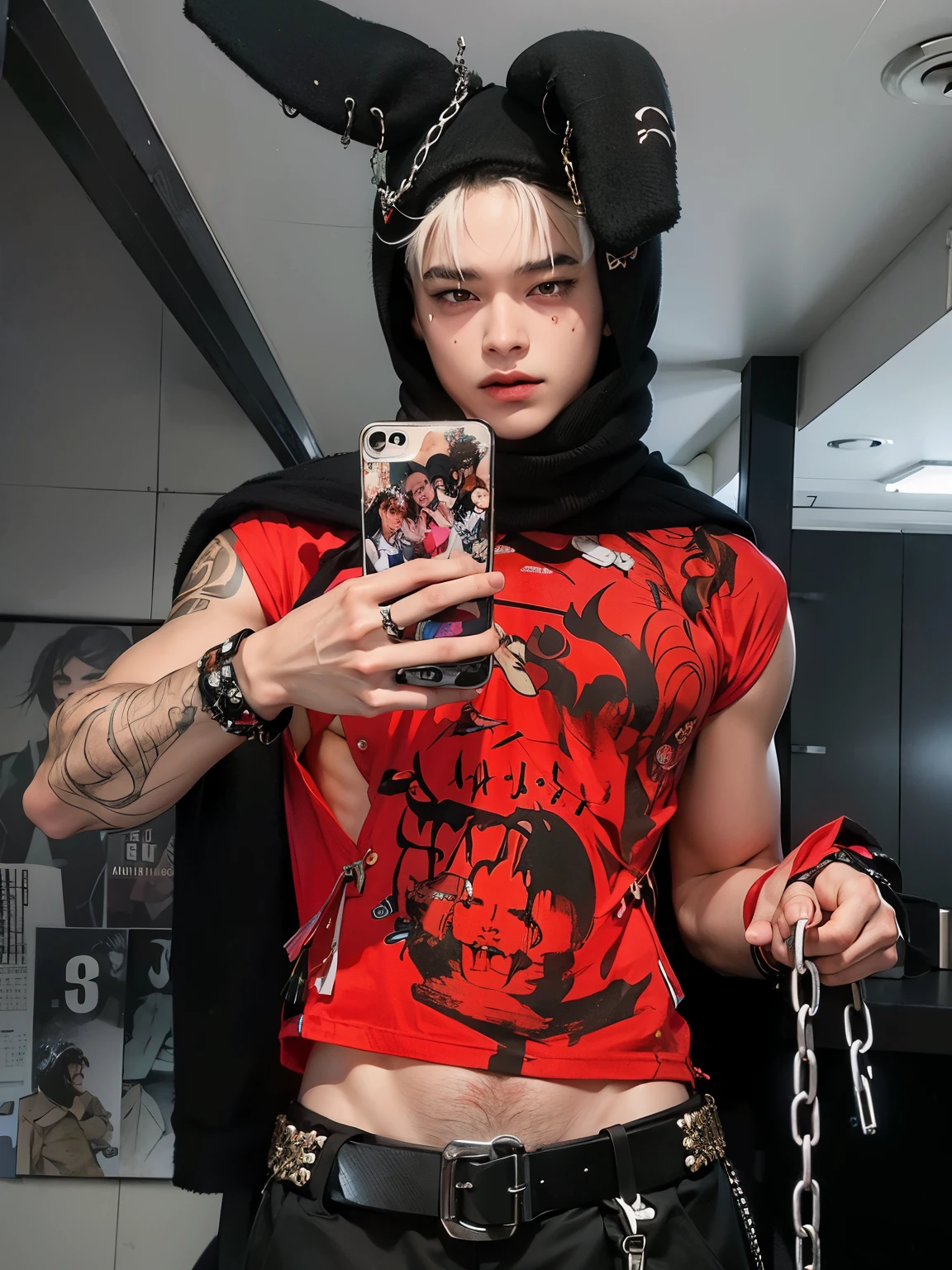 Arafed man in red shirt and black pants holding a cell phone., Blade de Drain Gang, Cai Xukun, handsome japanese demon boy, y 2 k cutecore clowncore, Ulzzang masculino, Lil Peep, Taejune Kim, Traje de diablo muy sexy, foto de perfil, Ropa de pecho Open V, cruel korean goth girl, chico demonio, Jinyoung Shin, delgado, cabello amarillo